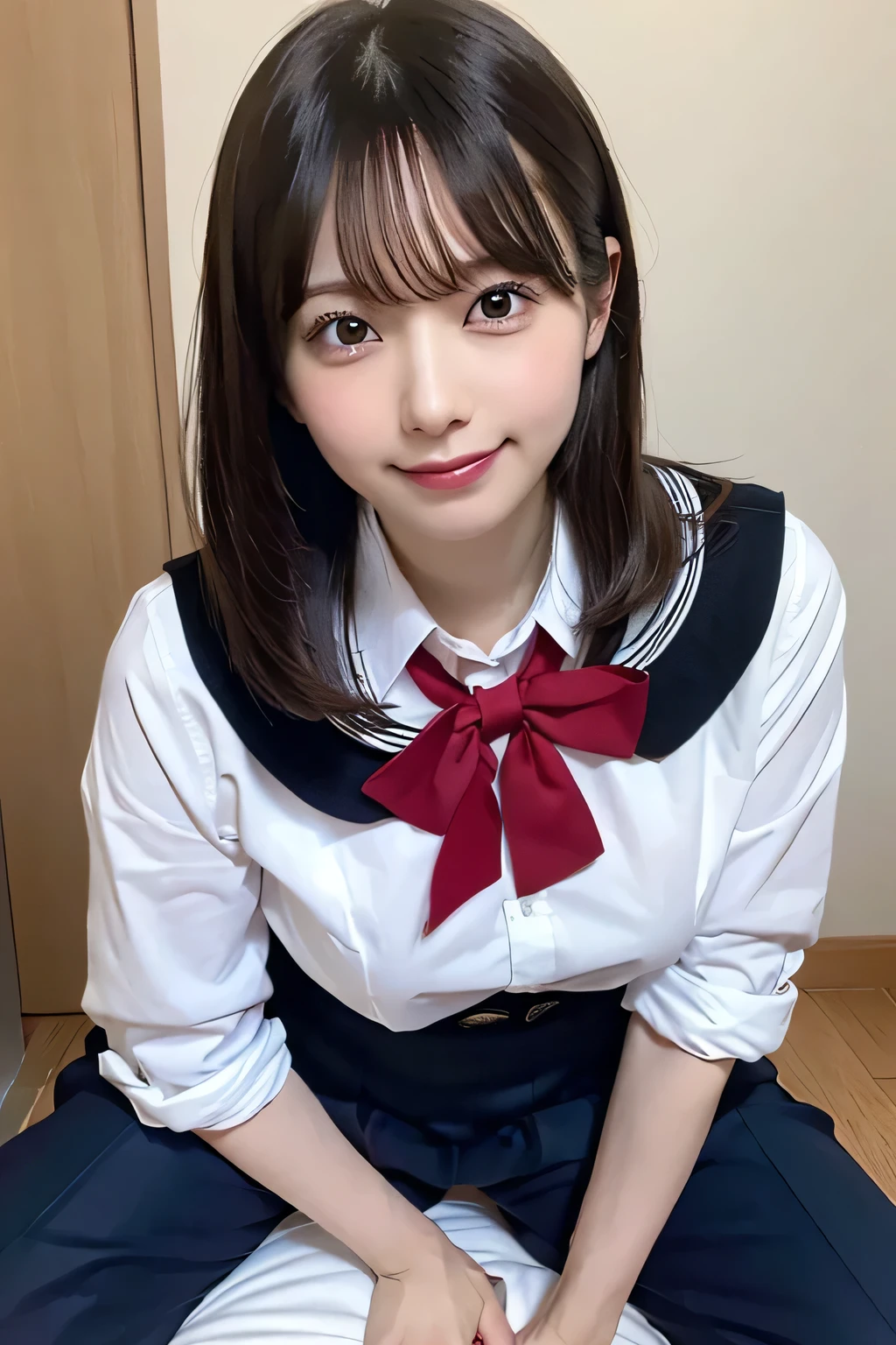 top-quality,ultra-detailliert,​masterpiece,realisitic,Photo Real,Bright lighting,1 girl in, Very beautiful 30 years old、(Wrinkles at the corners of the eyes:1.2),Thin smile, (Brown eyes),(brown haired),(bangss),perfect glossy skin,flawless skin,((erotick,Sexy and sexually explicit)),((accurate hands without incongruity)), large full breasts,big breasts thin waist, Look at viewers,((a sailor suit)),((Short sleeve uniform white shirt)),(red necktie),(Blue Mini Pleated Skirt),(((skirt lift by yourself))),(lifted by self),(Showing panties),panties on,panties focus,((Sit up,spread legswide)), sockes, (Black knee socks),(Loafer shoes), during daytime,On the train,Horizontal long seat with your back to the window