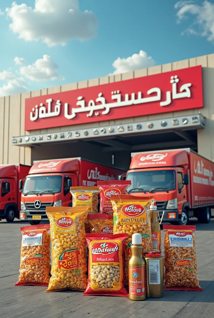 "Create a realistic image showing a group of products in front of a wholesale distribution company named Al Wataniya for Trade and Distribution (in English letters: Al Wataniya for Trade and Distribution). The products should include recognizable Egyptian brands such as:

Macarona El Maleka
Star pasta
Savola products including Rawabi, Ganna, Halawa, Afia, and Crystal oil bottles.
The products should be realistically stacked or loaded into delivery trucks branded with Al Wataniya for Trade and Distribution clearly written in English letters on the sides of the trucks. The scene should feel like a busy wholesale warehouse, with workers loading goods into the vehicles and the company building visible in the background with the name Al Wataniya for Trade and Distribution on a sign."

