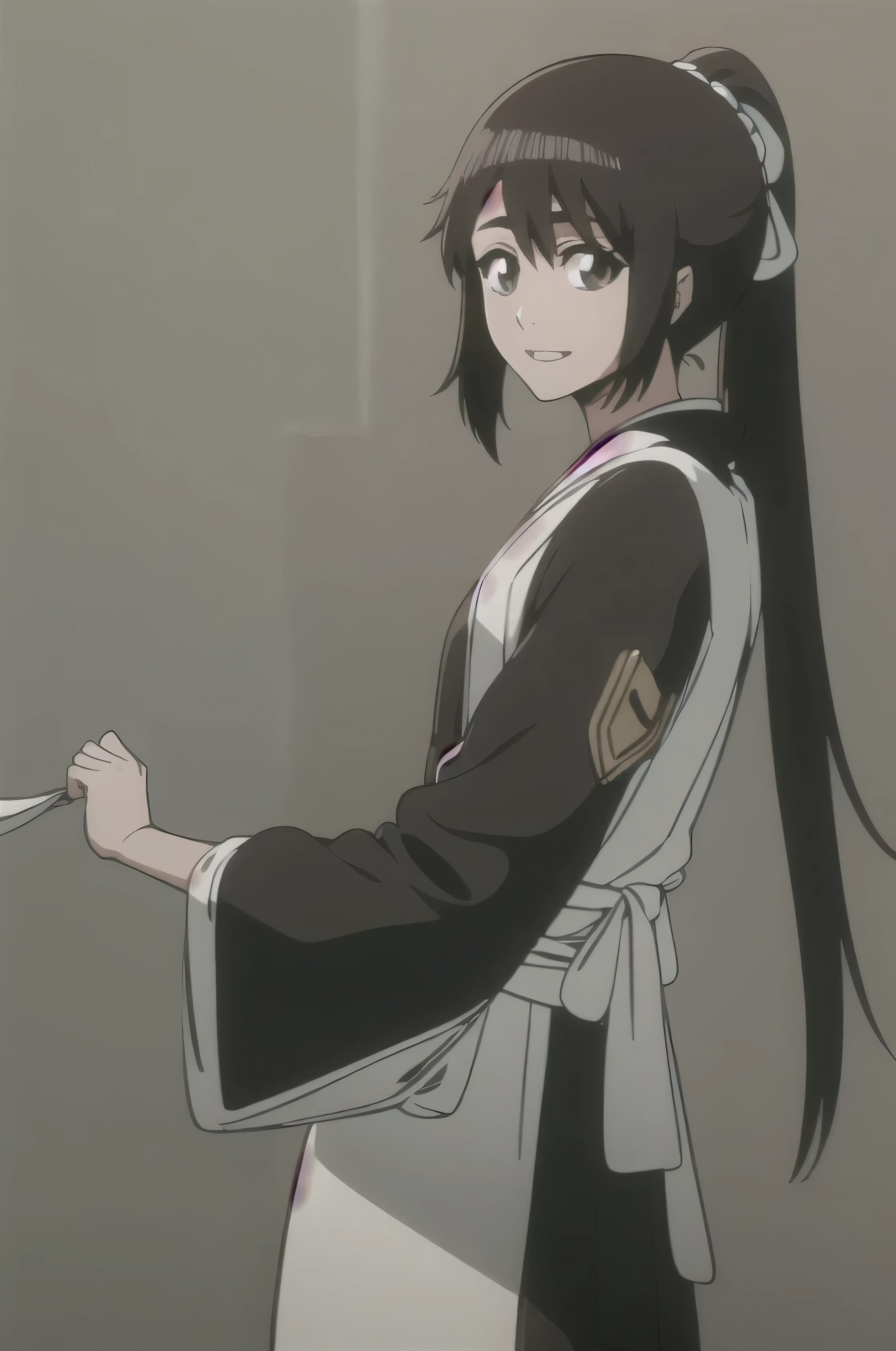 Masterpiece, top quality ,
one girl from the side , romantic love , black hair, single , ponytail, Vancouver, brown eyes,
Hair bangs,
kimono, white sleeveless coat , black kimono ,
smile, alone, I'm looking for , simple background, White background
