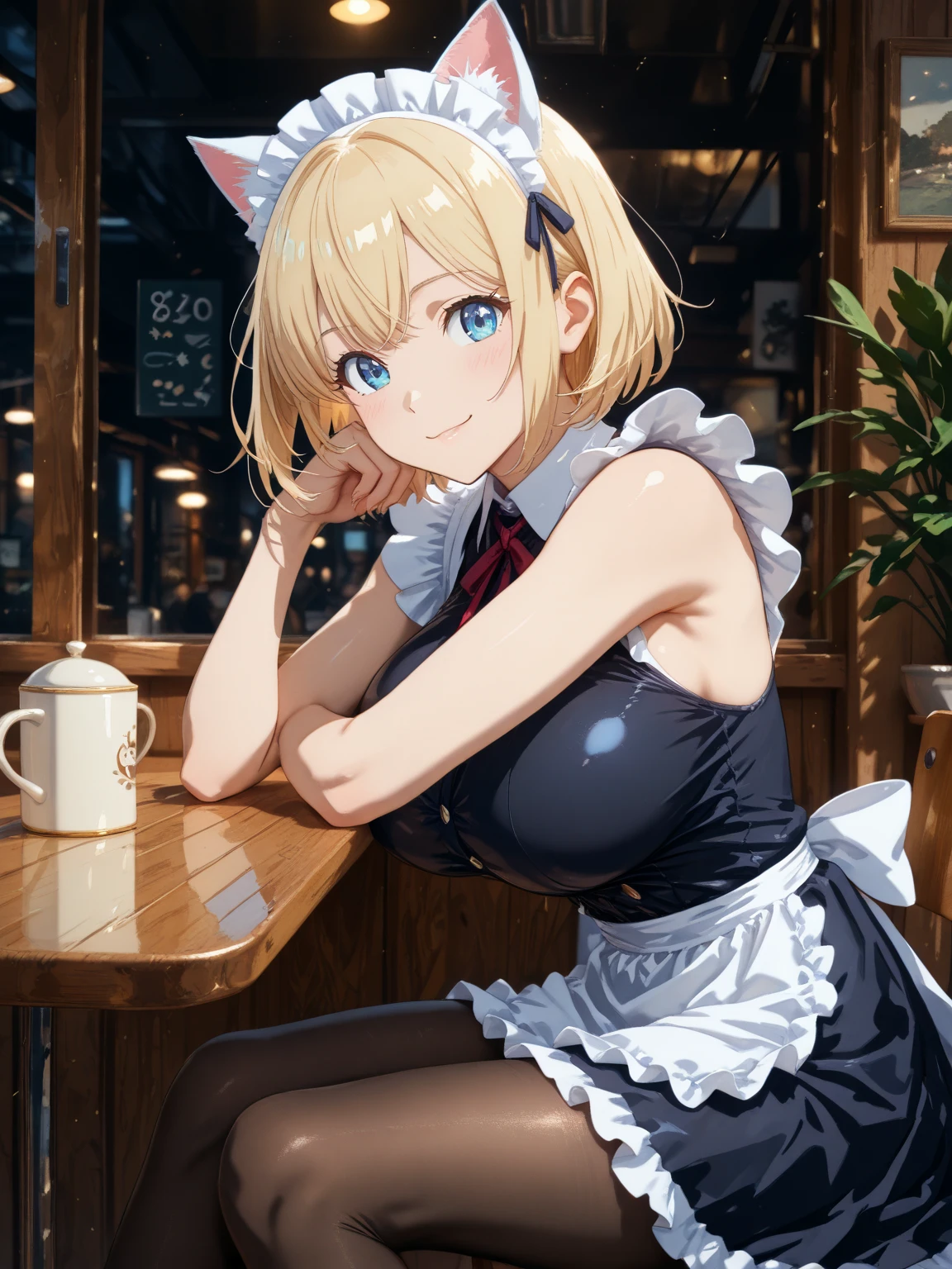 One girl, Natural light, masterpiece, Very detailed, figure, Game CG, Absurd, high quality, kinomoto sakura, (1 girl), Medium chest, Beautiful attention to detail, Glossy Lips, Natural light, fluffy short blonde hair, Messy Hair, Green Eyes, Cafe, A light smile, Bunny ears, strapless leotard, Detachable collar, pantyhose, Wrist cuff