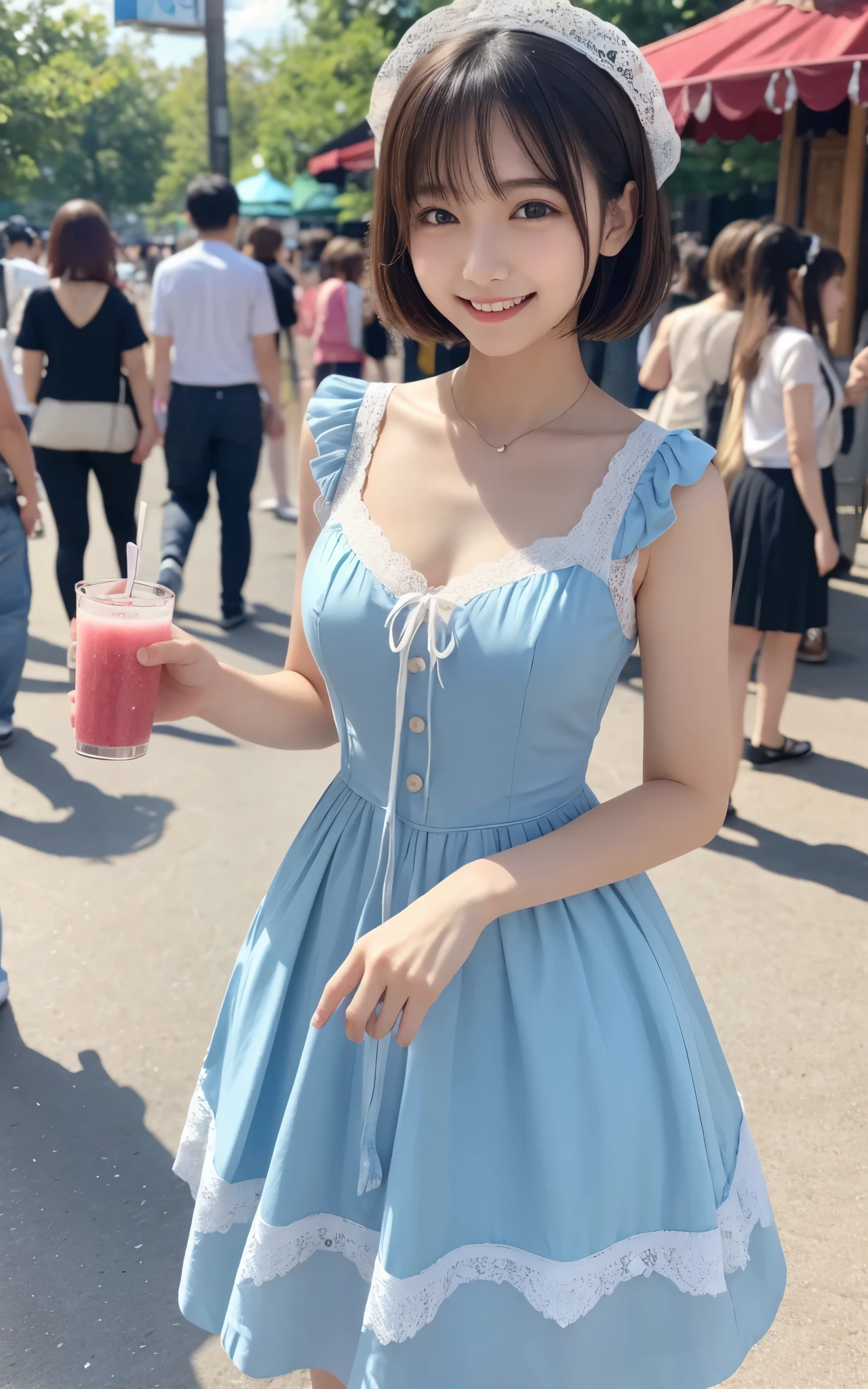 ((top quality)), ((masterpiece)), realistic images、Other than the front、Very bright expression、 big smile、 Japanese Girls、 realistic image of the eye area 、small、 look like 、、10age、Medium bob hair 、 black hair、 slim、 body 、 don't emphasize your chest、 very thin body、chest doesn't develop、chest doesn't swell、 the chest doesn't swell 、 body 、 slim、 slimming、my breasts aren't swollen、 look like 、real face、small、ta fashion clothes、 The chest does not expand、my breasts aren't swollen、doesn't emphasize chest、thin body、walk、bustling amusement park background 、Have juice、、,とても嬉しそうにwalk、smiling with my mouth open、sticking out the tongue、