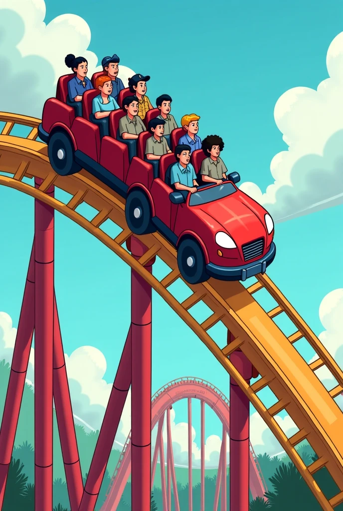 Cartoon-style illustration of a political themed roller coaster in an amusement park setting. The coaster track forms an ascending graph shape, with cars carrying caricatures of politicians and meme characters. The wild ride symbolizes the volatile nature of political meme coins.