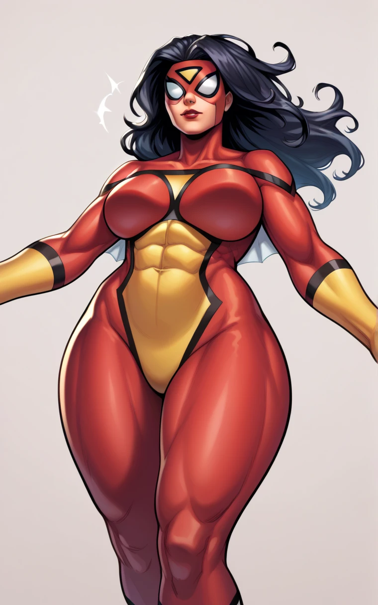 Un primer plano de una estatua de una mujer disfrazada, Spider Woman, Spiderwoman!!!!!, ( ( Spiderwoman ) ), Spiderwoman!!, mask covering his face revealing only his nose and mouth bodybuilder bikini superhero, Mujer poderosa sentada en el espacio, Superhero pose, With red and yellow hero costume, Chris Moore. Artgerm, Retrato de la Darna moderna, Megan Fox como Spiderwoman, superheroine costume