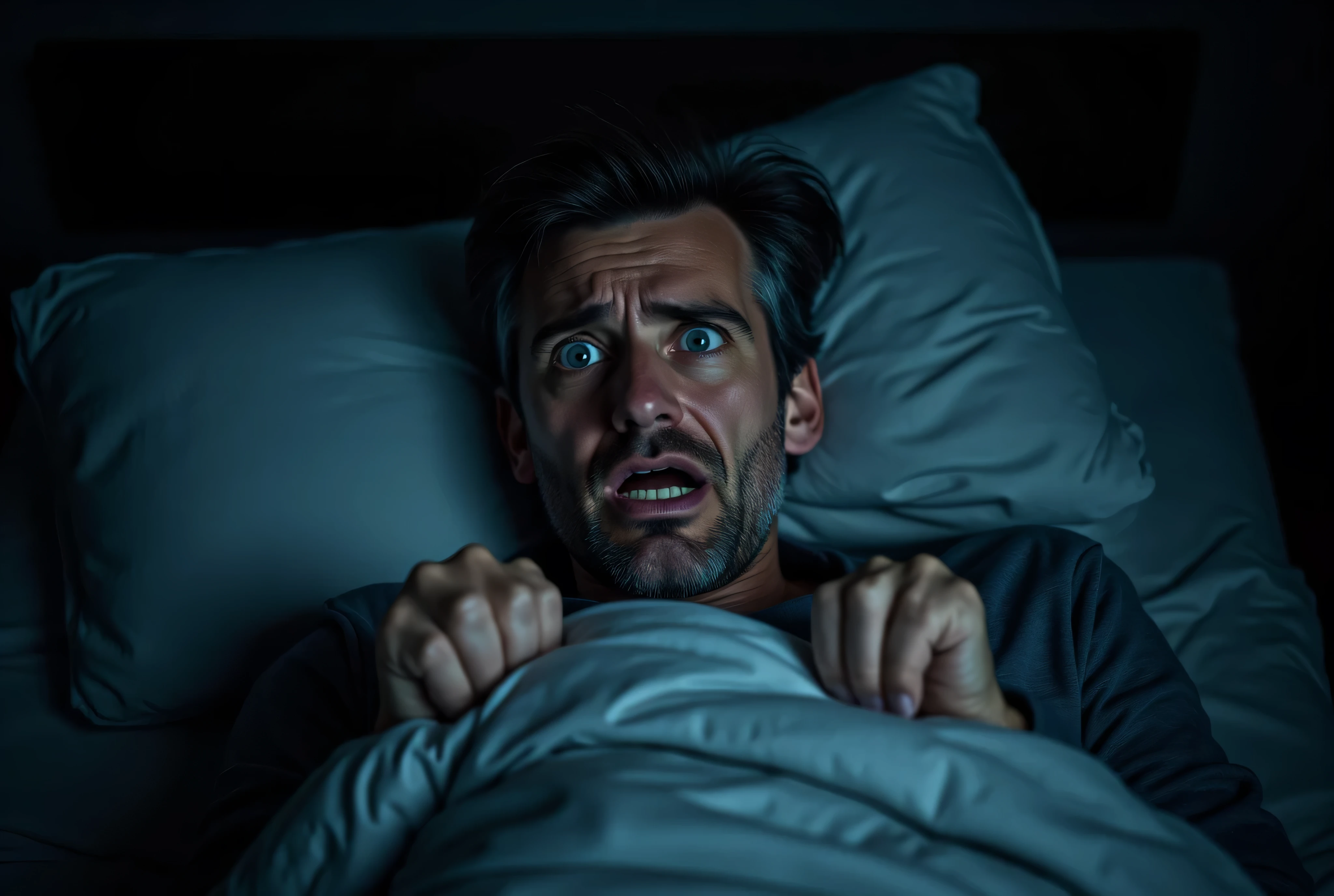 A captivating photograph showcasing a furious guy with long, wavy brown hair and glasses caught in the midst of a mosquito battle in his bedroom at night. He is aggressively swinging his pillow towards the mosquito with fury. The guy is wearing a white t-shirt and has a angry furious look on his face. The mosquito is perched on the wall, buzzing annoyingly as the guy swings his pillow in an attempt to swat it. The room is filled with a variety of bright colors, from the blue bedsheet to the green plants, creating a vivid and lively atmosphere., photo, cinematic