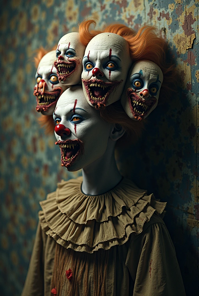 Clown man, scary, blood, evil smile, screaming, mouth open, wide eyes, toys, macabre background, various colors, 8k qualities, cinematic focus, terror, a head