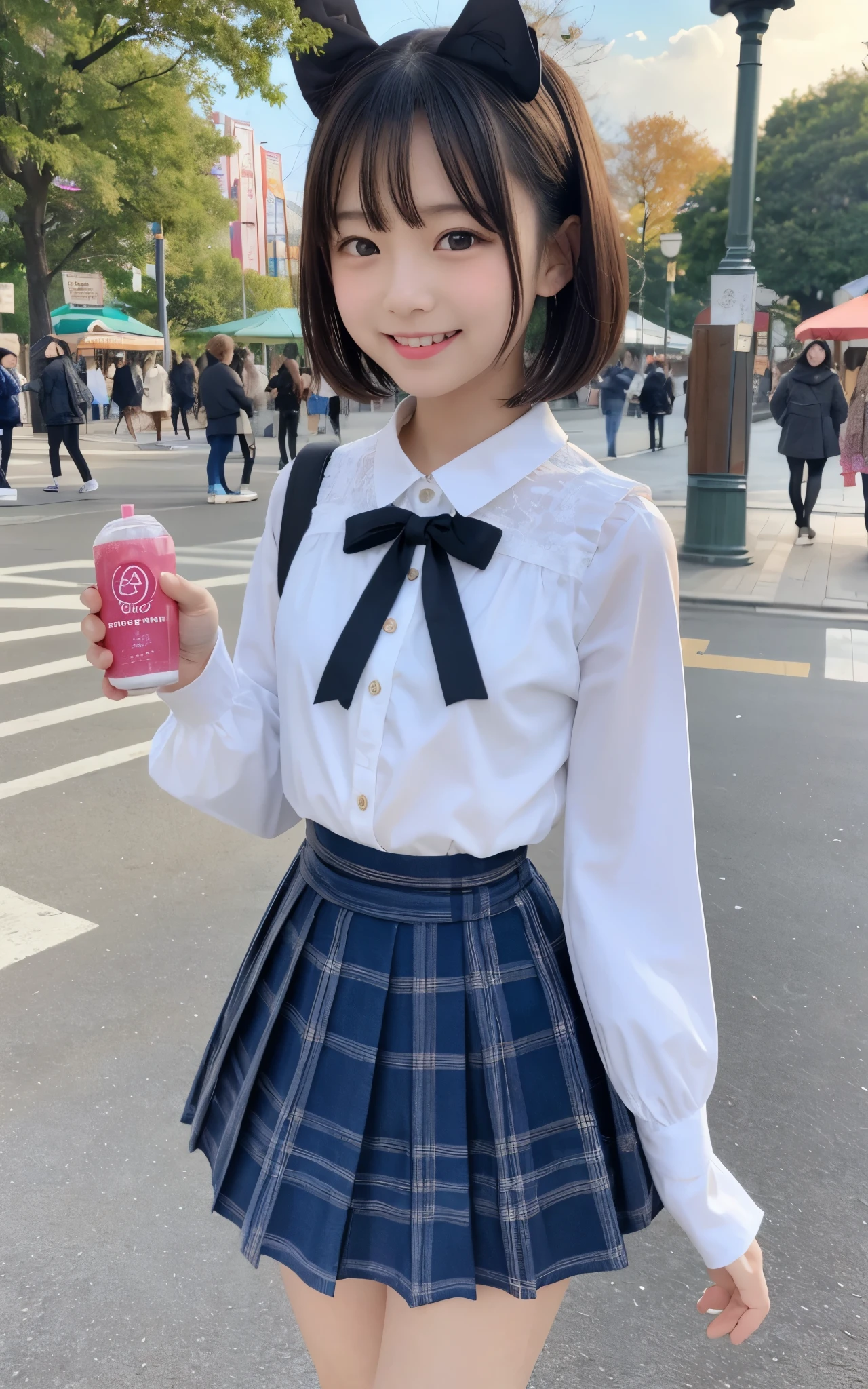 ((top quality)), ((masterpiece)), Realistic im ages 、Other than the front、Very bright expression、 big smile、 Japanese Girls、 realistic im age of the eye area 、small、 look like 、、 、10age、Medium bob hair 、 black hair、 slim、 body 、 very thin body、Hide your chest、、、 body 、 slim、 slimming、、 look like 、real face、small、Lolita fashion clothes with long sleeves、 's body、、thin body、walk、bustling amusement park background 、Have juice、、,とても嬉しそうにwalk、smiling with my mouth open、sticking out the tongue、