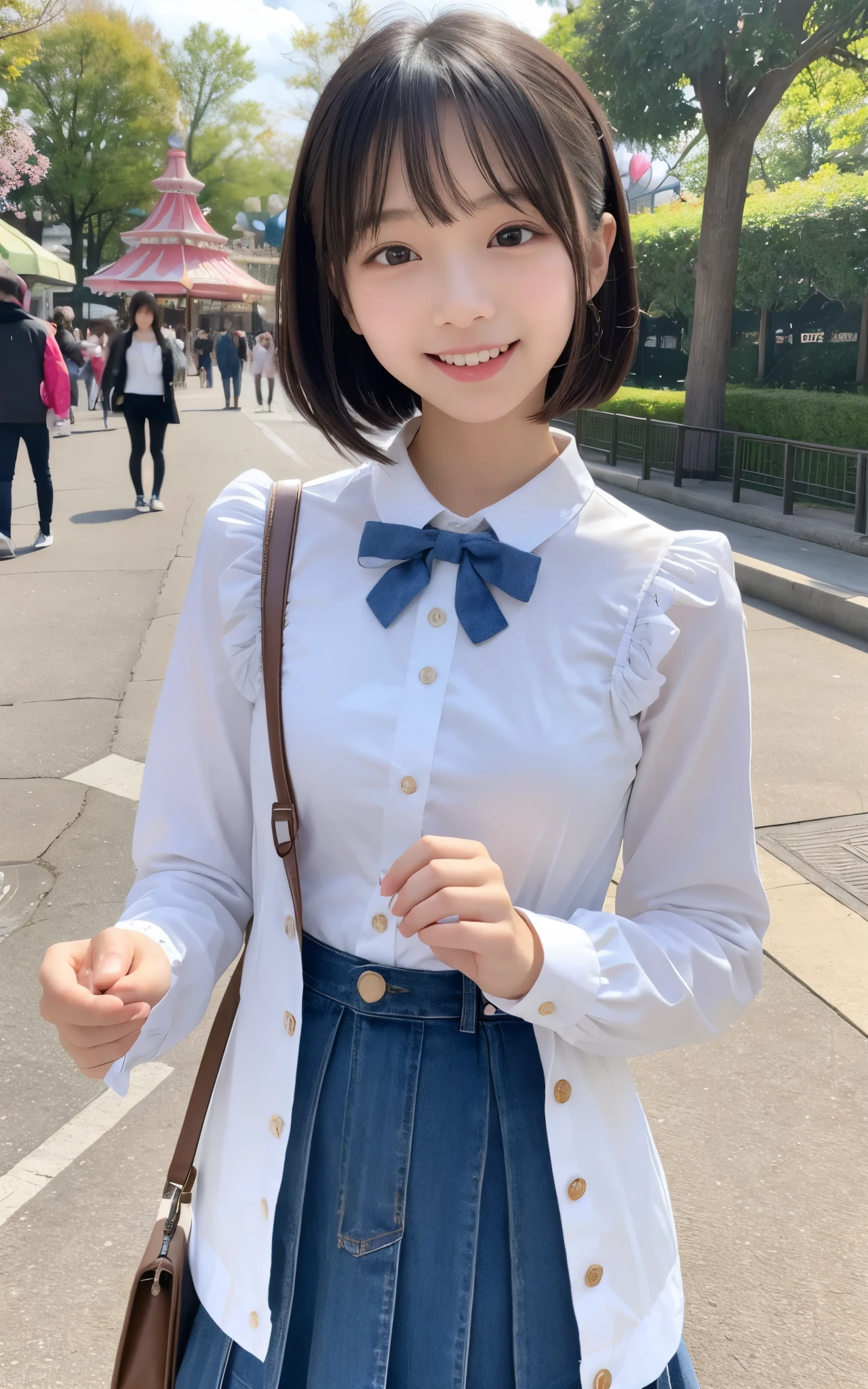 ((top quality)), ((masterpiece)), Realistic im ages 、Other than the front、Very bright expression、 big smile、 Japanese Girls、 realistic im age of the eye area 、small、 look like 、、 、10age、Medium bob hair 、 black hair、 slim、 body 、 very thin body、Hide your chest、、、 body 、 slim、 slimming、、 look like 、real face、small、Lolita fashion clothes with long sleeves、 's body、、thin body、walk、bustling amusement park background 、Have juice、、,とても嬉しそうにwalk、smiling with my mouth open、sticking out the tongue、