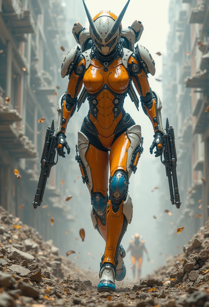 A cyborg girl runs out of the supermarket. The front camera. The atmosphere of the post-apocalypse, the ruins of an urbanized city in the background. Super detailed, clear outline, clear focus, high resolution 8K, cinematic, photorealistic