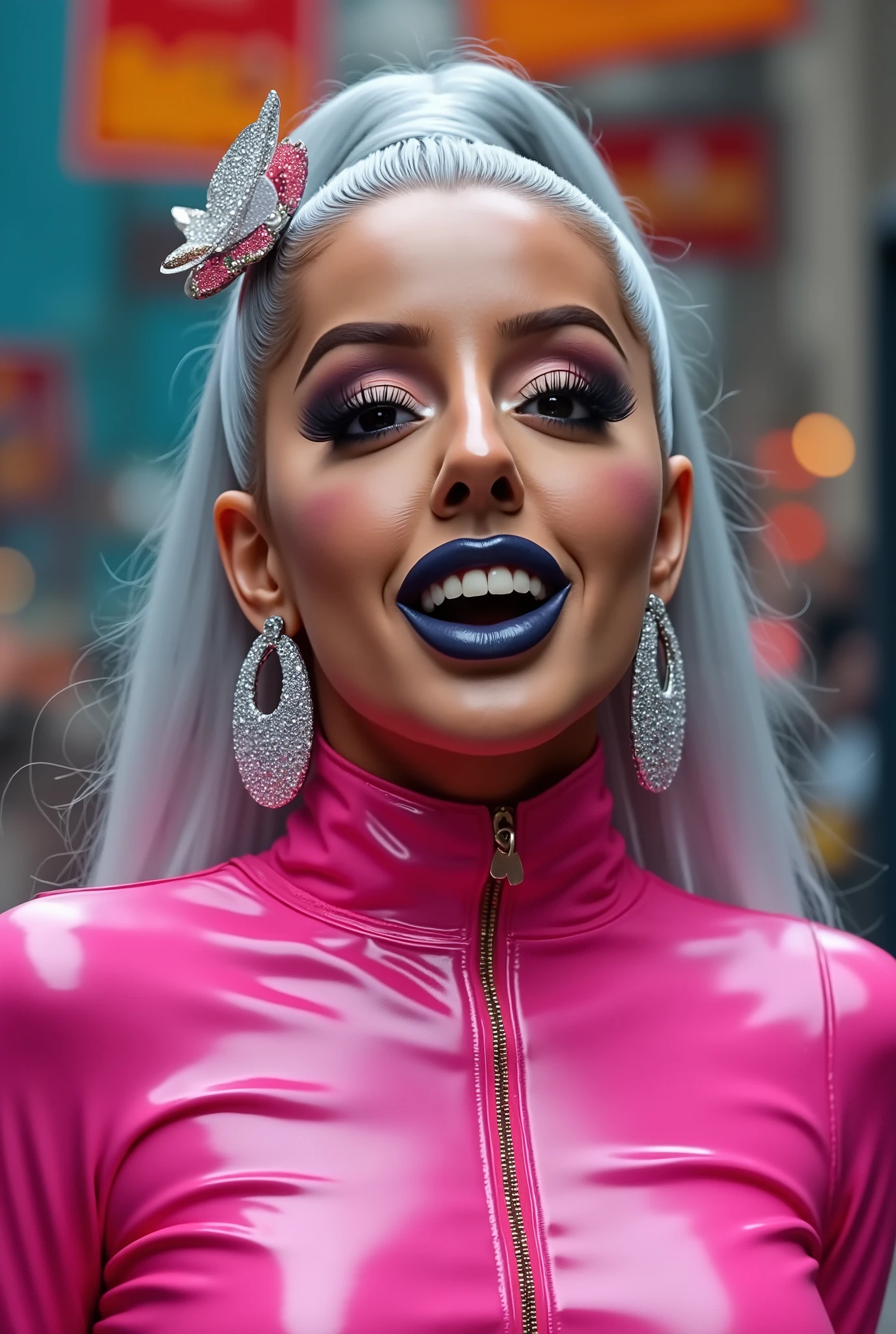 outrageously long and voluminous lash extensions., laughs a lot, pink latex suit, diamond ear earrings, Silver hair , black lips, bright black makeup, butterfly clip on the head