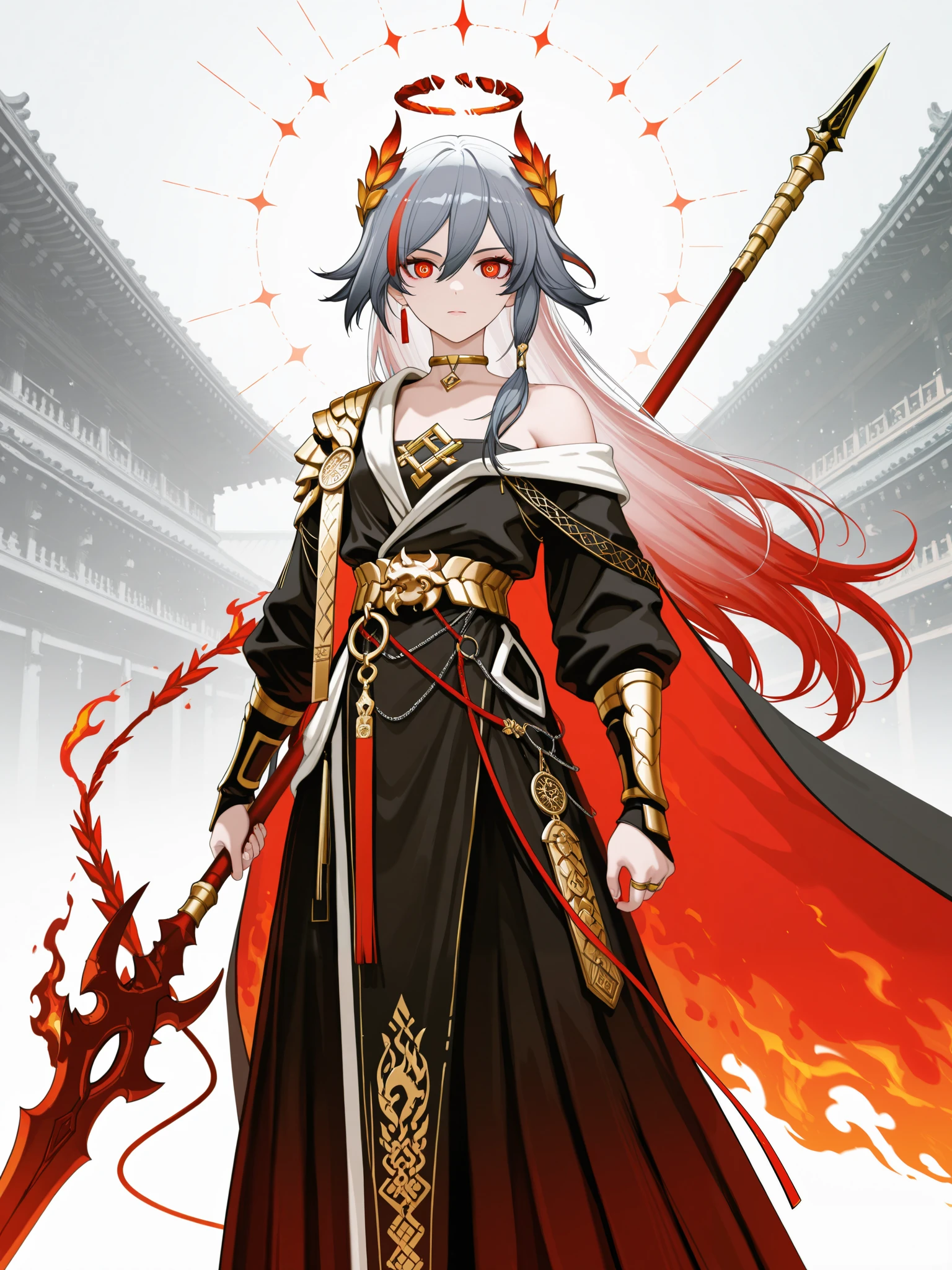 by [|inoitoh|yoneyama mai|arknights],
1girl, dynamic focus, dynamic stance, solo, FuHua, Fol005, Fh_Hos, fu hua, toga, gray hair, white hair, multicolored hair, red eyeseyes, ring eyes, broken halo, greco-roman clothes, ancient greek clothes, gold choker, laurel crown, alternative hair ornament, hanuf, black hanfu, multicolored hanfu, alt sash, single bare shoulder, Celtic inspired aesthetic, dragon sword, dragon whip, dragon spear, floating weapons, tattered cape, astral magic, weapons imbued with magic, flaming weapons, red flames, deep red
looking at viewer, greco-roman architecture, 
(best quality, amazing quality, very aesthetic, high resolution, newest, hyper-detailed:0.78)
 