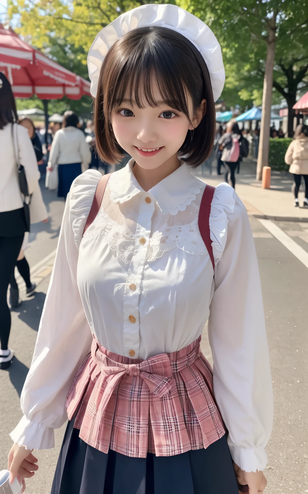 ((top quality)), ((masterpiece)), Realistic im ages 、Other than the front、Very bright expression、 big smile、 Japanese Girls、 realistic im age of the eye area 、small、 look like 、、 、10age、Medium bob hair 、 black hair、 slim、 body 、 very thin body、Hide your chest、、、 body 、 slim、 slimming、、 look like 、real face、small、Lolita fashion clothes with long sleeves、 's body、、thin body、walk、bustling amusement park background 、Have juice、、,とても嬉しそうにwalk、smiling with my mouth open、sticking out the tongue、