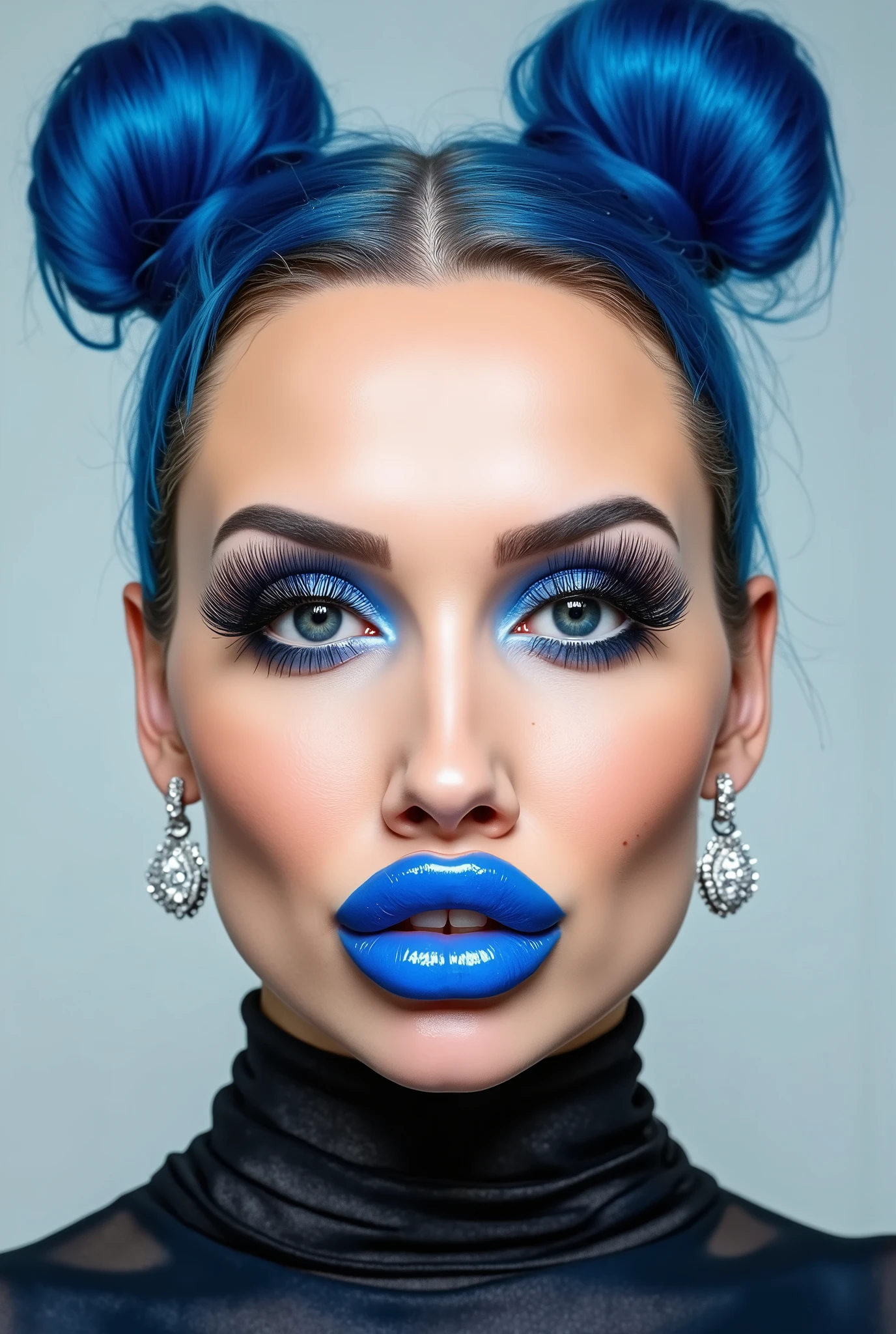 incredibly long and voluminous false eyelashes, bright blue makeup, blue hair , diamond earrings , collar, blue lips, her lips are pursed., bow shaped hair ,