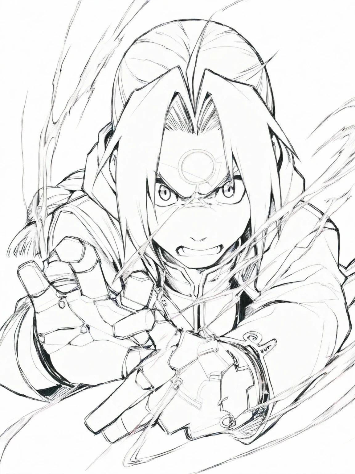 1boy, Edward Elric, Fullmetal Alchemist, intricate mechanical lineart, detailed alchemy circle runes, angry expression with dynamic hand gesture, White background emphasizing outlines, masterpiece, best quality, very aesthetic, early