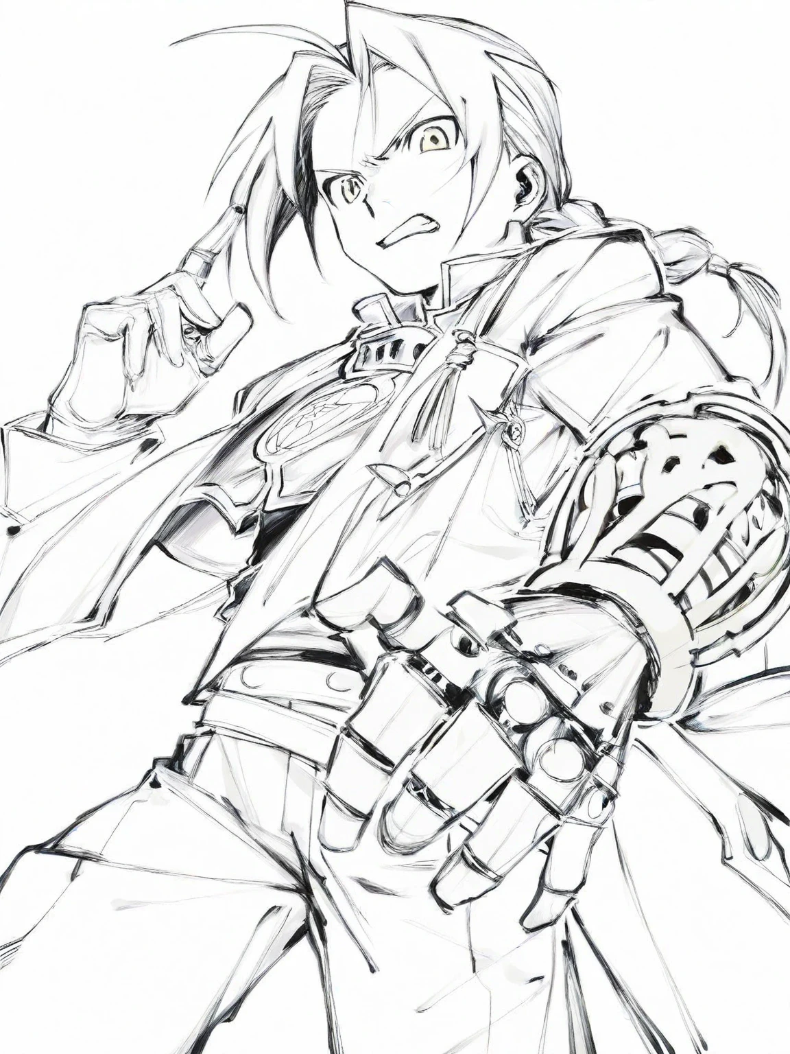 1boy, Edward Elric, Fullmetal Alchemist, intricate mechanical lineart, detailed alchemy circle runes, angry expression with dynamic hand gesture, White background emphasizing outlines, masterpiece, best quality, very aesthetic, early