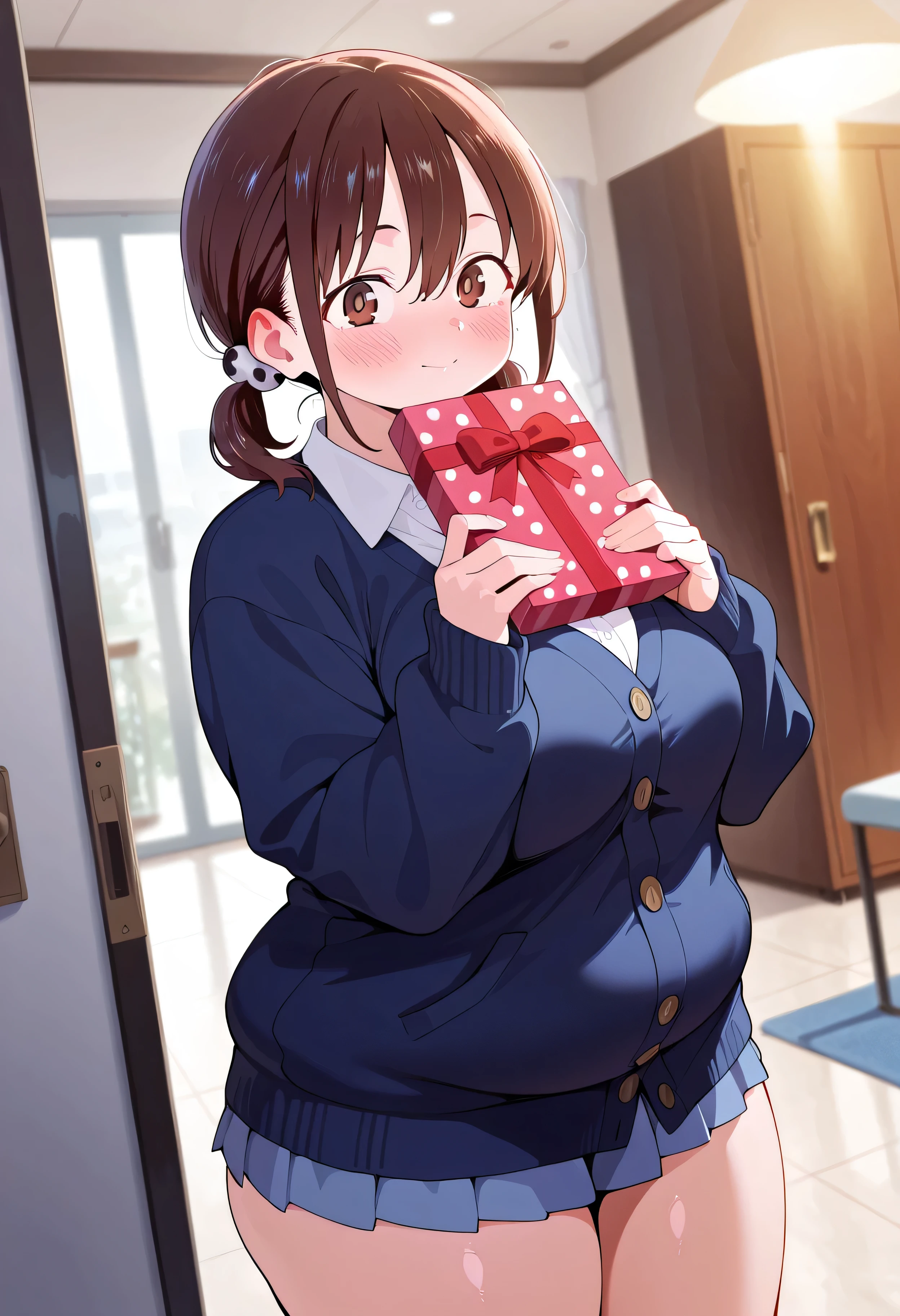 CINEMA Quality, hyper-detailed anime style, hyper-detailed lighting, best quality, very aesthetic, honoka hara, Boku no Kokoro no Yabai Yatsu, masterpiece, best quality, a Valentine's Day gift, 1girl, solo,honoka hara, short hair, brown hair, hair between eyes, twintails, brown eyes, low twintails, short twintails, plump, chubby body, thick arms, thick thighs,((4k,8k,Ultra HD)),((Masterpiece :1.2)),((Best quality :1.2)),((Detailed :1.5)),((Detailed background :1.5))