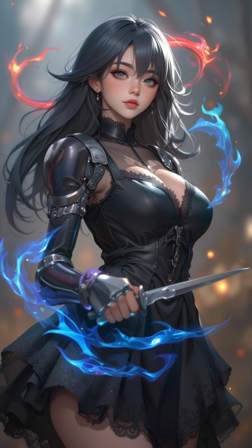 highest quallity, clean and well-groomed face, clearing, bright glowing eyes, long eyelashes, Punk Girl, aretes, breasts big, body tattoo, leather shorts,