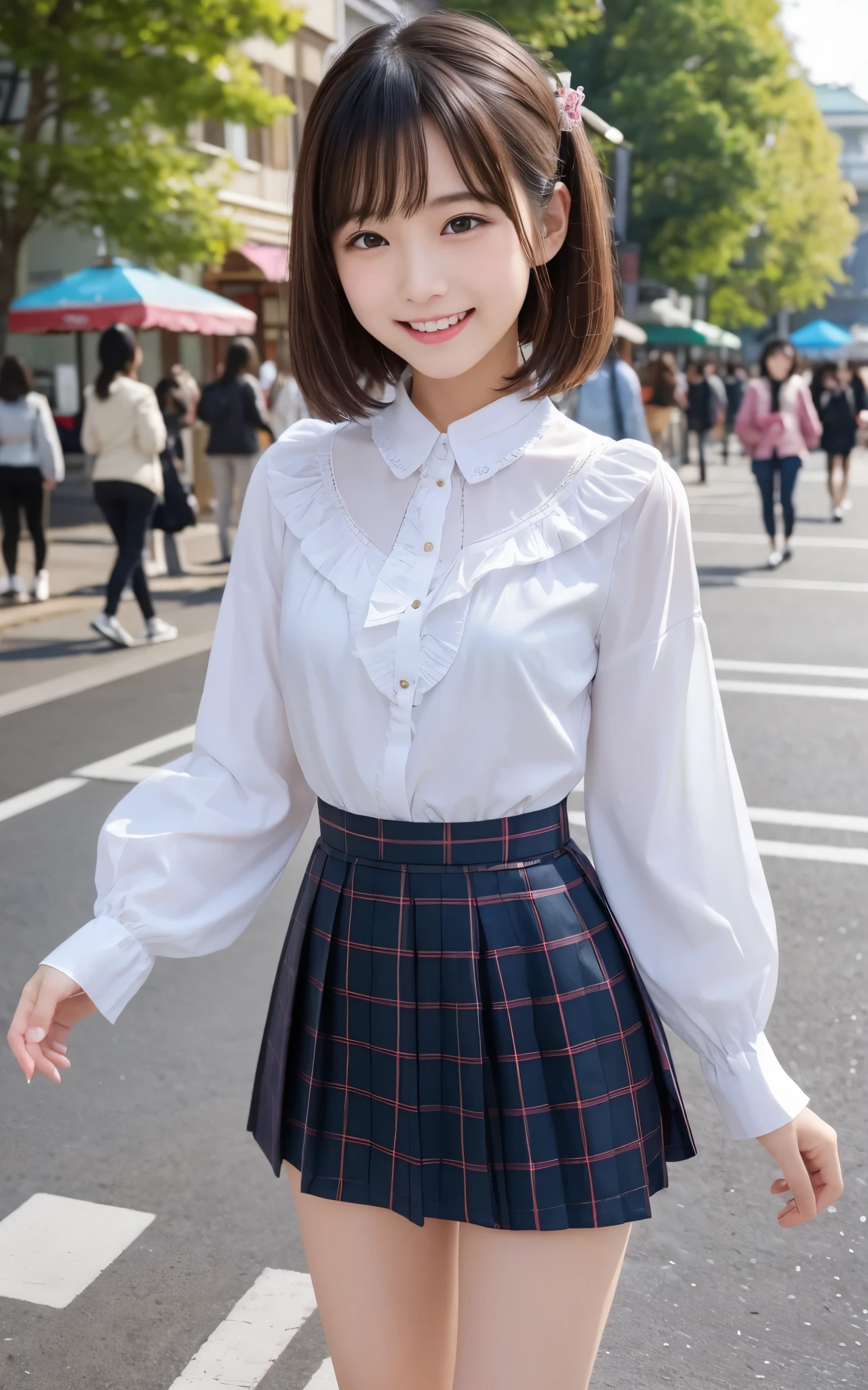 The view is a street lined with summer clothing stores... meanwhile, young girl standing with a smile. she is wearing a white ruffled blouse, There is also a white ribbon. She is wearing a red tartan pleated skirt.. Her hair is in twintails and her bangs are thick..、I&#39;m ready。. large breasts stand out. The girl looks around with a curious expression、looks like him&#39;preparing for a new adventure. It has been precisely reproduced down to the smallest detail.、.、, Please express the facial expressions and texture of the clothes... with the best quality, Draw a stylish full-body portrait of her, fashion snap models.
