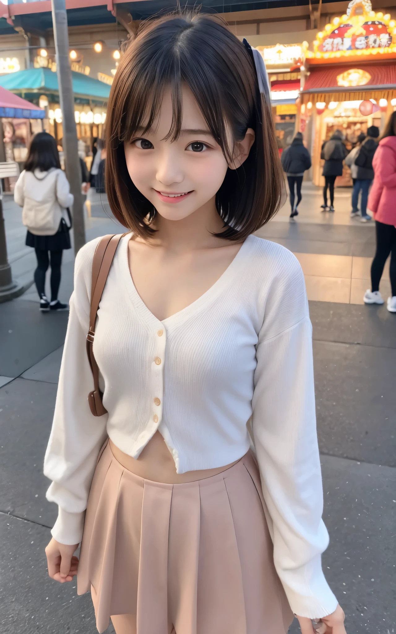 ((top quality)), ((masterpiece)), Realistic im ages 、Other than the front、Very bright expression、 big smile、 Japanese Girls、 realistic im age of the eye area 、small、 look like 、、、small子ども、Petite、10age、Medium bob hair 、 black hair、 slim、 body 、 very thin body、Hide your chest、、、 body 、 slim、 slimming、、 look like 、real face、small、Lolita fashion clothes with long sleeves、 's body、、thin body、walk、bustling amusement park background 、miniskirt、Peeking from below、Image from below、viewed from below、viewed from below、panties、,とても嬉しそうにwalk、smiling with my mouth open、sticking out the tongue、
