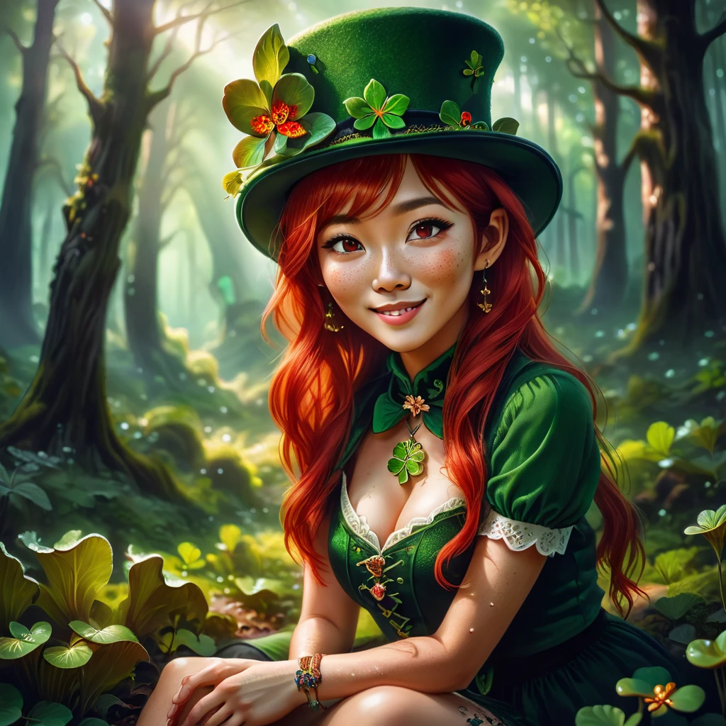 witch, medium breasts woman in a (short green dress) with garter holding up thigh high green stockings and hat, long red hair, celtic fantasy art, celtic fantasy, clover, poison ivy, fae, goddess of mischief, green magic, (wearing green tophat), pixie, fairy, celtic, celtic fantasy art, celtic fantasy, , beautiful fairie, beautiful fairy, very beautiful fantasy art, Autumn, beautiful autumn spirit, fall season, (holding a dark red almost black rose)