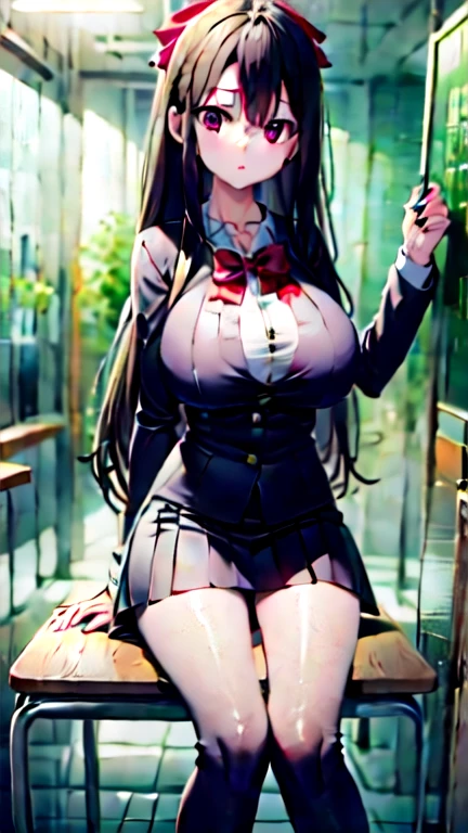 Italian girl, very long loose brown hair, super gigantic breasts, unbuttoned white shirt, shava collar, pleated black miniskirt, black lace bra in the classroom in front of the blackboard, next to the professor who points to her with a wand