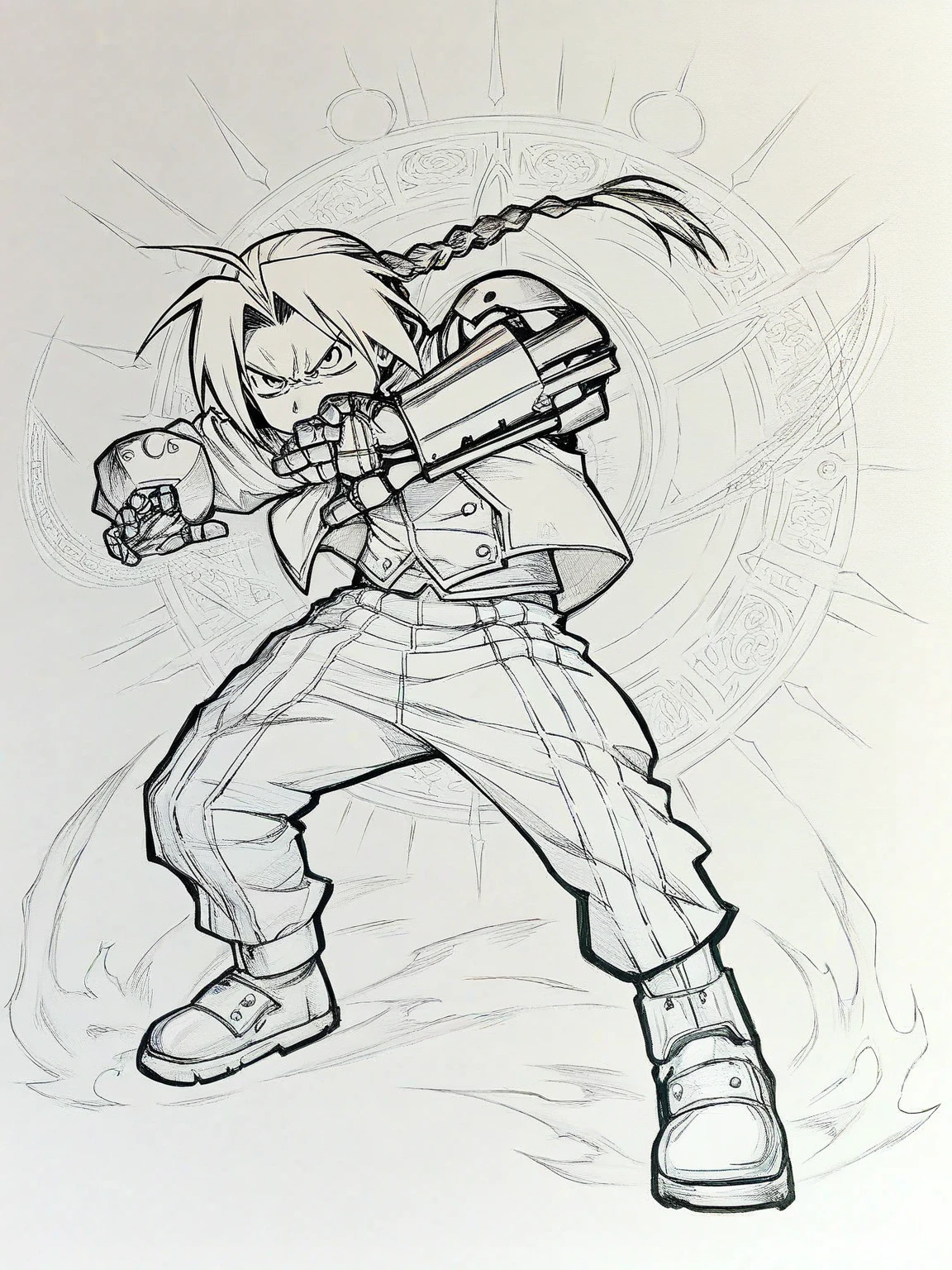 1boy, Edward Elric, Fullmetal Alchemist, intricate mechanical lineart, detailed alchemy circle runes, angry expression with dynamic hand gesture, White background emphasizing outlines, masterpiece, best quality, very aesthetic, early