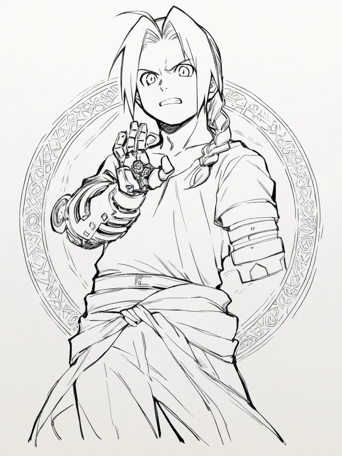 1boy, Edward Elric, Fullmetal Alchemist, intricate mechanical lineart, detailed alchemy circle runes, angry expression with dynamic hand gesture, White background emphasizing outlines, masterpiece, best quality, very aesthetic, early