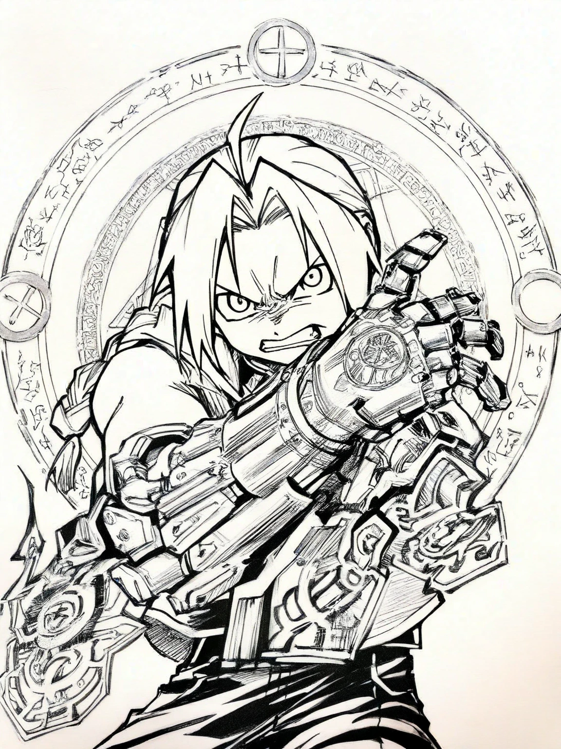 1boy, Edward Elric, Fullmetal Alchemist, intricate mechanical lineart, detailed alchemy circle runes, angry expression with dynamic hand gesture, White background emphasizing outlines, masterpiece, best quality, very aesthetic, early
