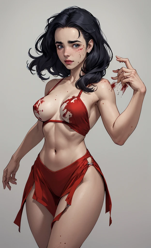 (Masterpiece, plain background:1.2) Female full body, standing straight symmetrical feet together, blood dark elf, dark skin, long messy white hair, short elf ears, circlet, yellow eyes, 1990s (style), female 1sologirl slingshot micro bikini, barefoot