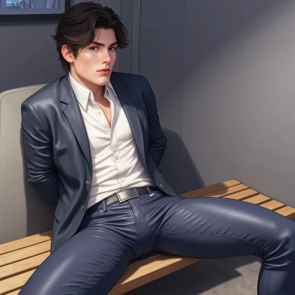 A handsome guy with white socks tied up on the bed