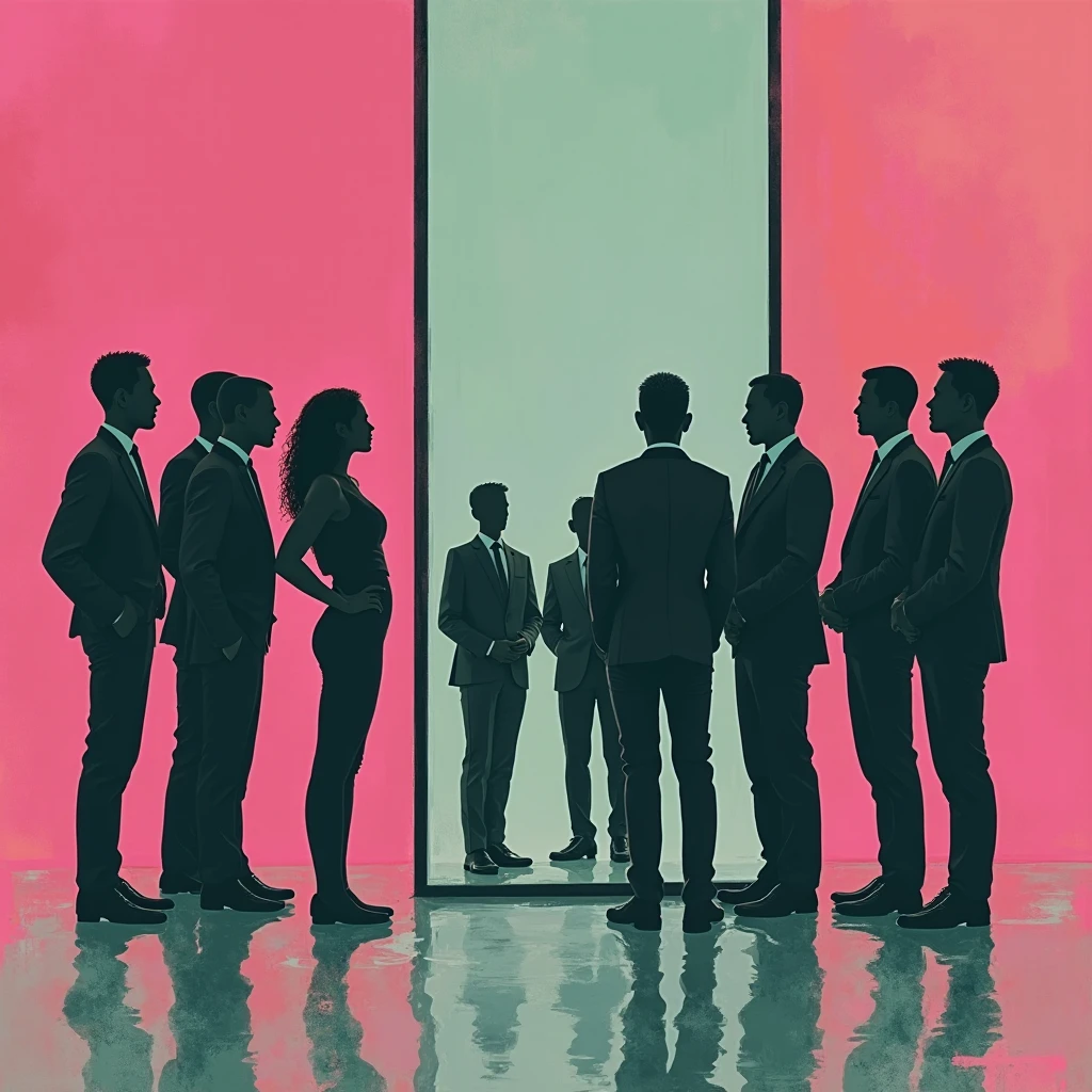An illustration of four people talking, a business office, cores neon por Kilian Eng