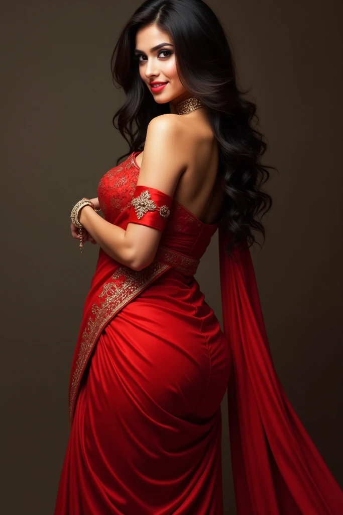(photorealism:1.2), Absolute real indian sharee girl,red sharee,standing with sexy pose,sexy look,Busty curvy body figure, curvy milky goddess sized hanging boob,wearing short pants,indoor, long curly hair,sexy seductive pose,ultra realistic, intricate details