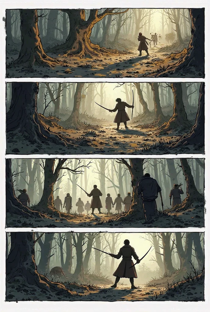forst, Thu, 2d, dark surroundings, dried leaves, Apple falling to the ground, dark evening, several bown human sculptures with expressions of fear, a fountain of water coming out mud, ampty, only with brown sculptures , sculptures looks like running with fear or pain