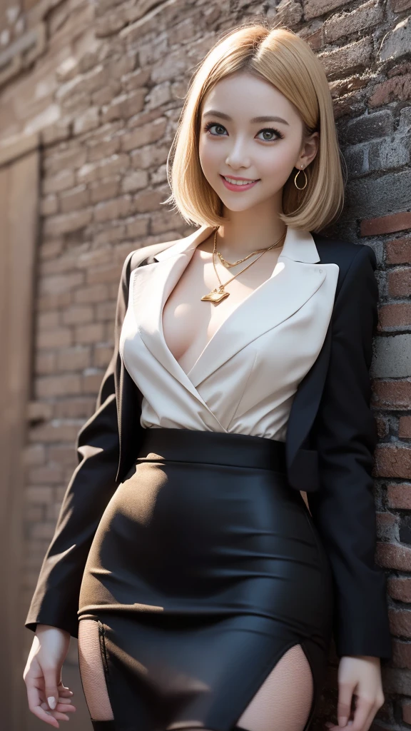 (8K, RAW Photos, Highest quality, masterpiece:1.2), Super detailed, Ultra-high resolution, (Realistic, Photorealistic:1.37), High-definition RAW color photos, Professional photos, Very delicate and beautiful, Very detailed, 8k wallpaper, (Beautiful and detailed eyes)、(Beautifully detailed face),Anatomically correct body shape, Professional Lighting,From Above,Close Up, one person,woman、Japanese、Age 28, Blonde Hair,Short Hair、 (A shy smile:1.3), Fine and beautiful skin、Skin Texture、 (Slim waist:1.2)、(E cup bust:1.21), (secretary,yellow,Long sleeve,suits:1.3),(mini skirt:1.25), (Emphasize the cleavage:1.1),sitting, Sharp focus、The background is a real company