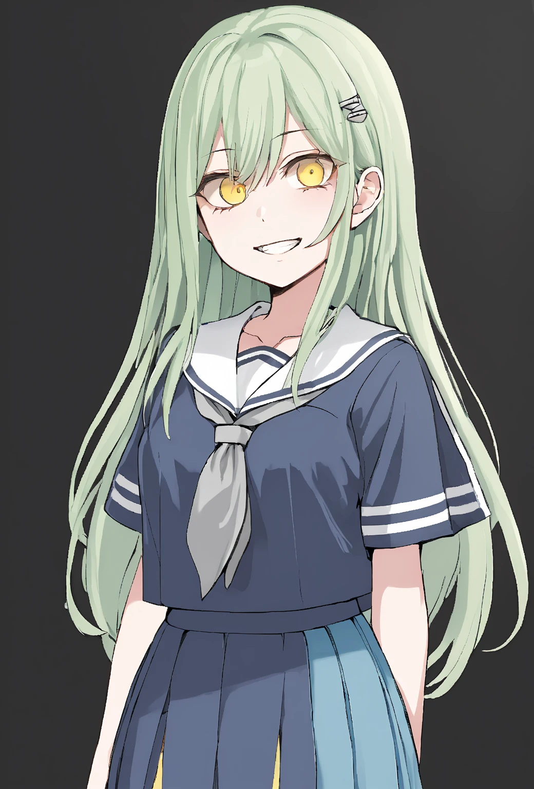 best quality,masterpiece,high resolution, Wakaba Mutsumi, Wakabe Mutsuki, light green hair,Platinum Blonde Hair,long hair,1 girl, Alone, white sailor color, sailor suit, blue shirt, blue skirt, gray neckerchief, yellow eyes, hair clip,Front view up, black background, best quality, masterpiece,high resolution, very beautiful,abusseur dress, high resolution,yandere,Edge Guess Gao,Four white eyes,Guess face,sadistic smile,teeth,Pleasure,The , detailed art of a girl's eyes in a dark environment, Focus on your eyes, shrunken eyes , wide-open eyes,open your eyes