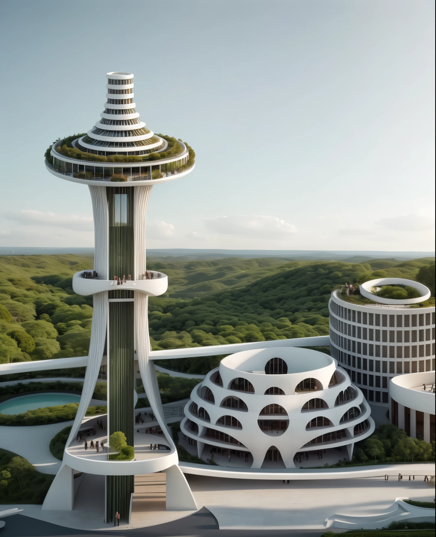 Tower, in Cultural center design, flawless, realistic, people around the building, green mountain and city far at back