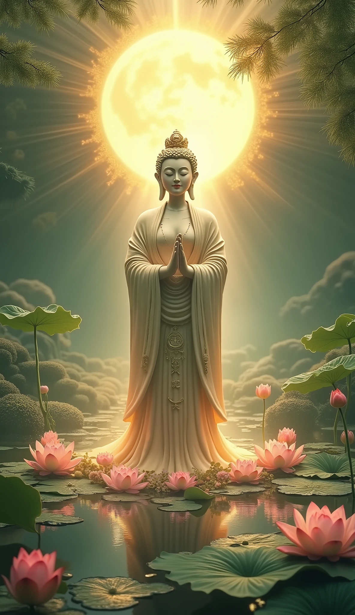 buddha statue with lotus flower in front of sun and clouds, the buddha, guanyin, buddhist, buddha, buddhism, standing gracefully upon a lotus, bodhisattva, beautiful gold saint, beautiful image, attractive male deity, guanyin of the southern seas, by Shen Quan, standing on a lotus, on path to enlightenment high quality, 8k