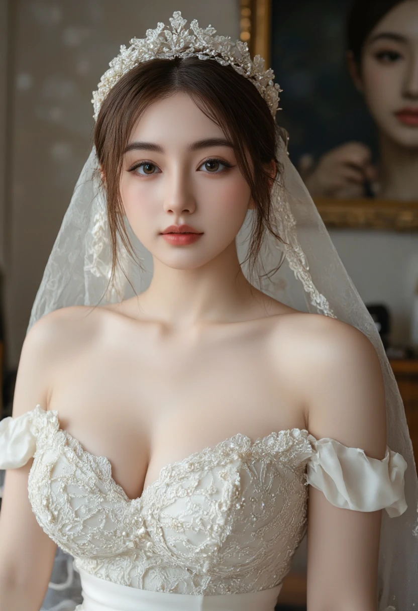 One Girl, 1 person,Highest quality,High resolution,超High resolution,8k,Realistic,Upper Body,encounter_audience,Large Breasts, the body is slim,(Wedding Dress:1.2),