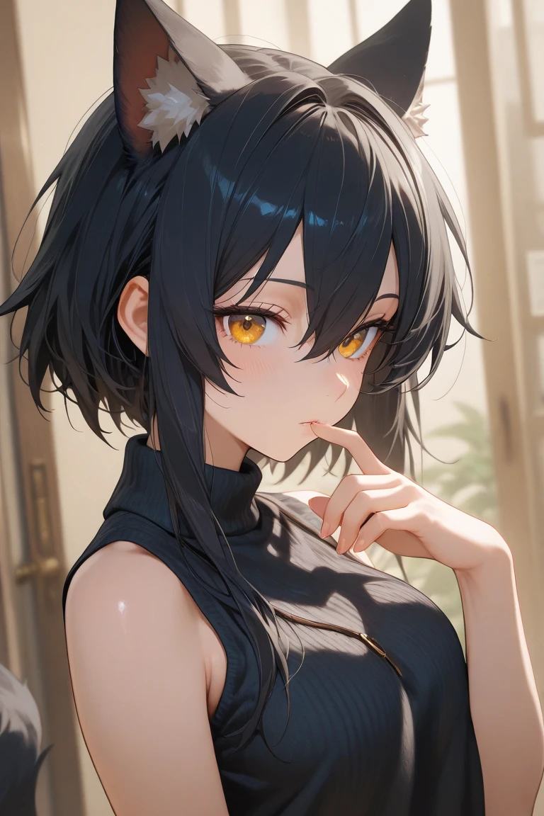 (Masterpiece, 8k, Best Quality, Highly detailed, depth of field:1.4), 1girl, (yellow eyes:1.5), heterochromia, (red eyes:1.2), rating: sensitive, , black hair, twintails, hair over right eye