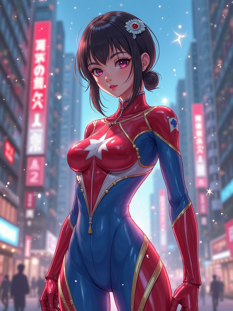 Anime adult woman 22 years old blue eyes, short dark brown hair, pale white skin, Red and blue short hero costume