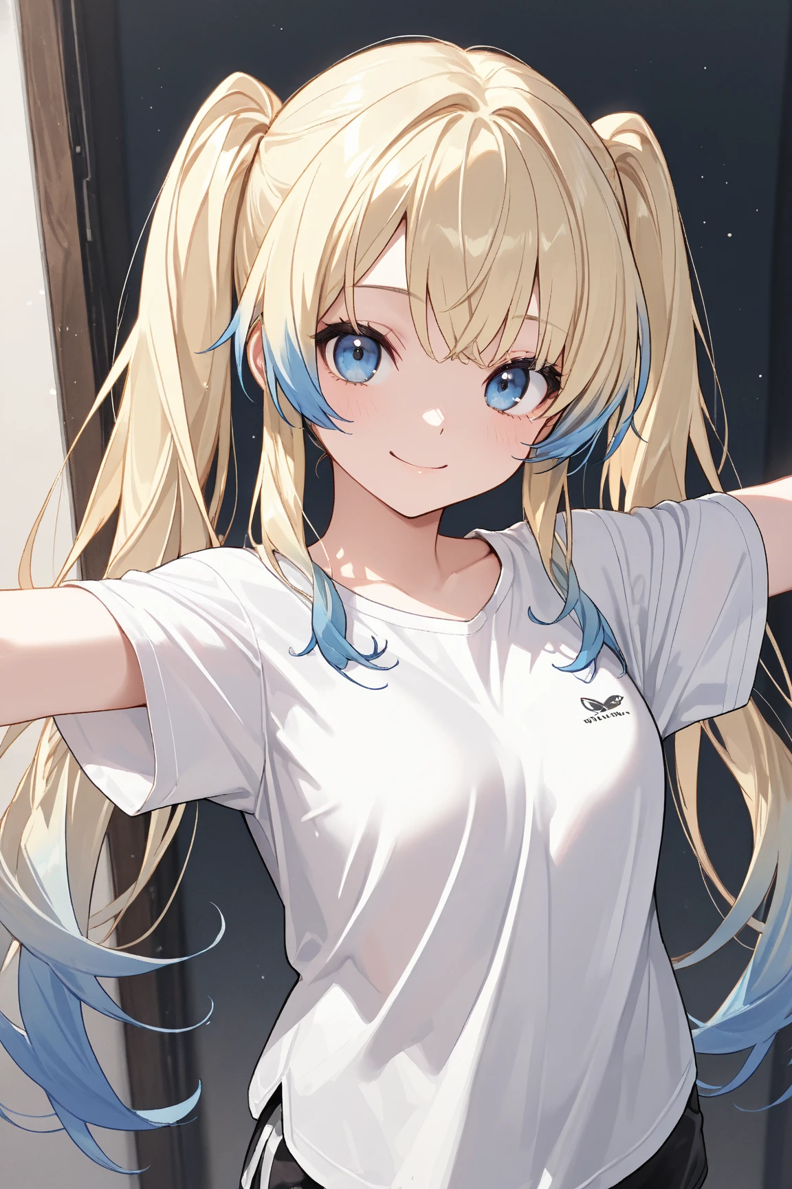 1girl, Solo, High Resolution, Long Hair, Breasts, Looking at viewer, Blush, Smile, Bangs, Blue eyes, Blonde Hair, blue pajama shirt, white panties, camel toe.