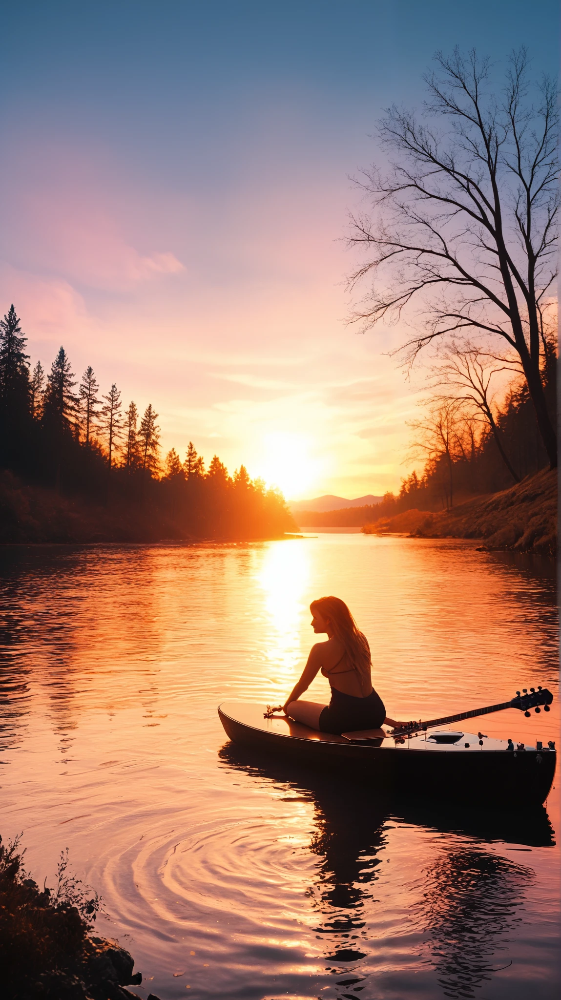 A serene twilight scene on the lake, similar to the image given, with silhouettes of pine trees in the background and orange sky, strand, and the beautiful purple reflected in the calm lake water. Focus on the wooden pier jutting into the lake, in which the lovers are sitting. the guy , overlooking the lake, is playing an acoustic guitar with a relaxed and loving expression. The woman sitting next to him, slightly leaning her head on her shoulder, gazes at the lake with a gaze of awe and peace. The soft lighting of the sunset illuminates their silhouettes, creates a romantic and intimate atmosphere. Draw details of soft facial expressions and relaxed posture. Make sure the sky and reflections in the water have smooth and realistic color gradations, } and the silhouette of the trees gives depth to the composition."