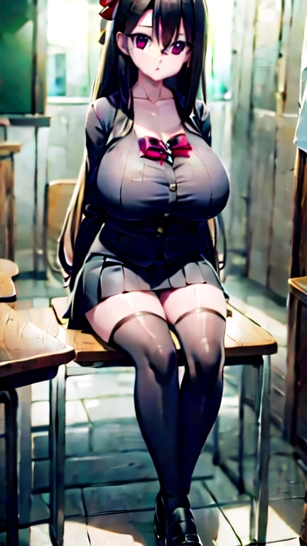 Hi res, masterpiece, 8k, nsfw, classroom, sunset, near a windows with a beautiful city landscape, ann takamaki, (gigantic tits: 1.6), (dense pubic hair: 1.4), (open white shirt: 1.4), (pleated gray skirt: 1.4), (black stockings: 1.4), (black high boots: 1.4), lewd face, ahegao expression, tongue out, (she is sit with her legs spread wide on a school chair: 1.4), (she is pouring out love juice form her exposed vagina while moaning: 1.5), (she has a huge vibrator in her vagina: 1.5)