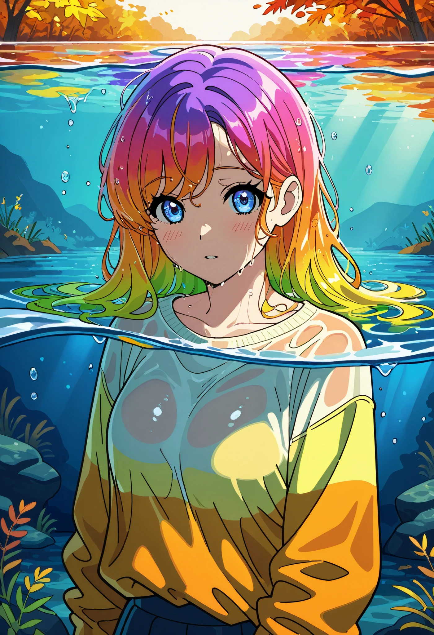 masterpiece, best quality, autumn outfit, colorful hair, outdoor,upper body, colorful autumnal clothes, ((fully clothed)), warm clothes, wet clothes, soaked, drenched, wet hair, wet and slimy, water up to her chest, submerged, translucent, fantasy environment, fantastical, vivid colors, varied poses, hailee payne