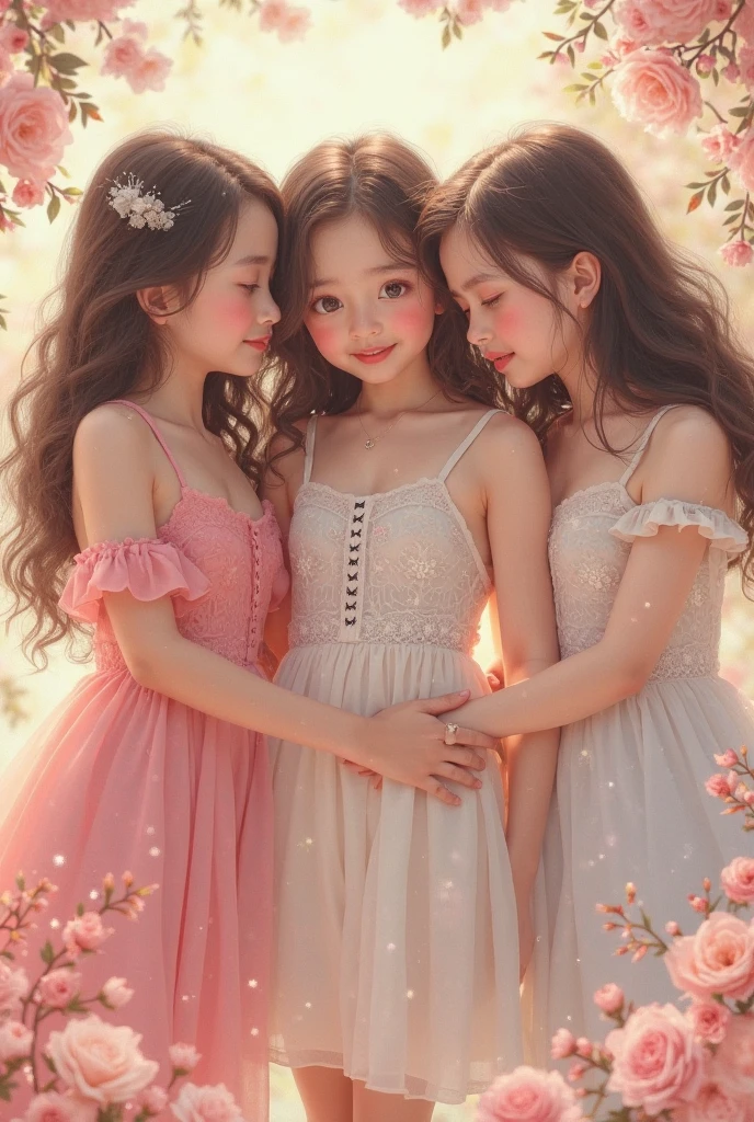 (3 girls),smile、Look into the camera、necklace、((Longer dress up、shining red、gorgeous dresove the shoulder strap.、I'm about to take off my dress.)),There is a blanket covering the whole body. The material is smooth and flexible.、exposed upper arms、Long, knee-length socks. Extra long twin tail hair、close range shooting、Flower Hair Ornaments、Blindfold、Garter、Squat with legs wide apart. A masterpiece., Highest quality, 8ก, beautiful girl, young face、 photography, Cute face, thigh,in the stream,、รอยsmile、small waist, blue eyes naked (((The chest is erect.)))(((round chest)))(((big breasts:1.0))) ((Busty)