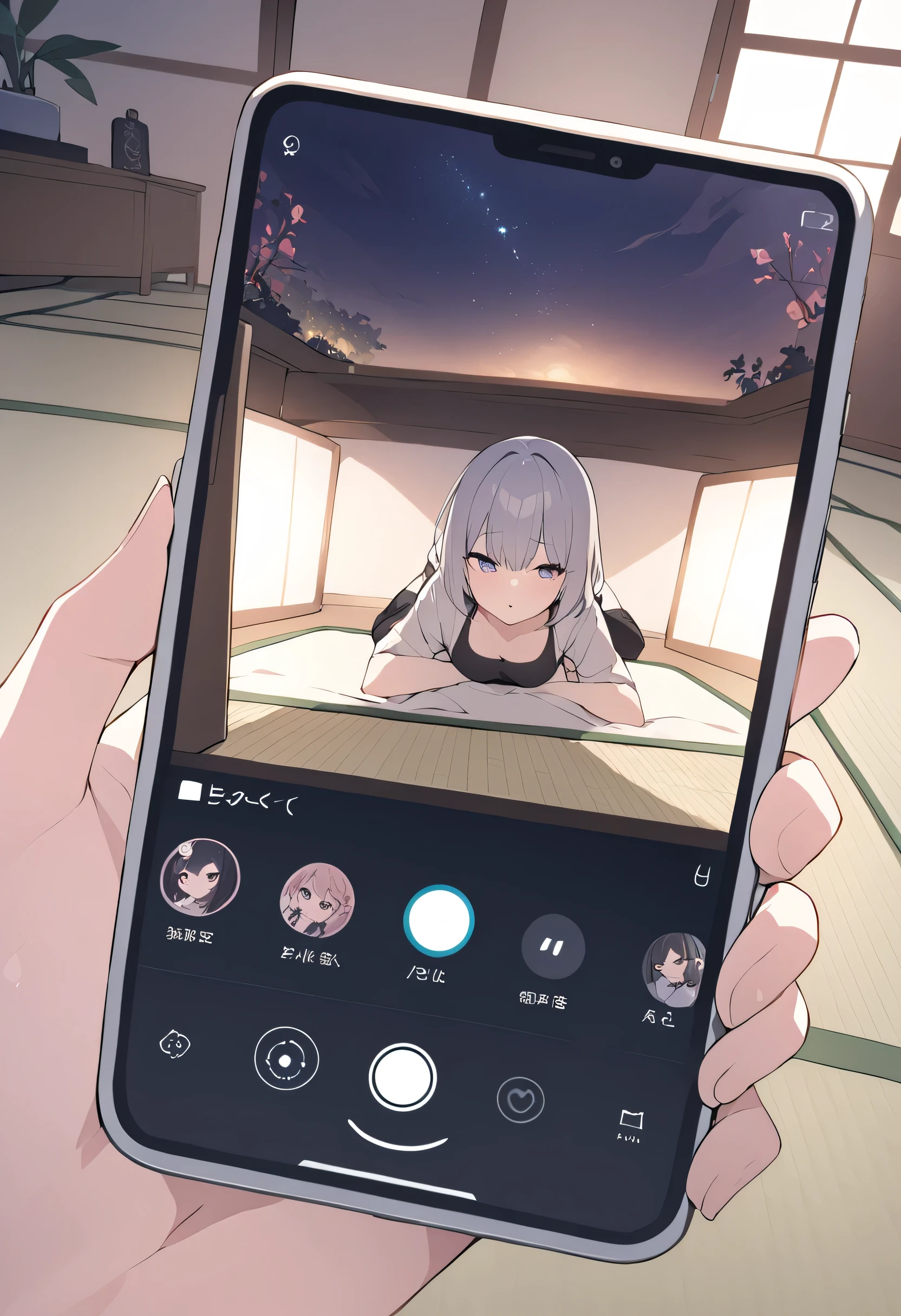 Smartphone、chat、screen、night、tatami、 point of view