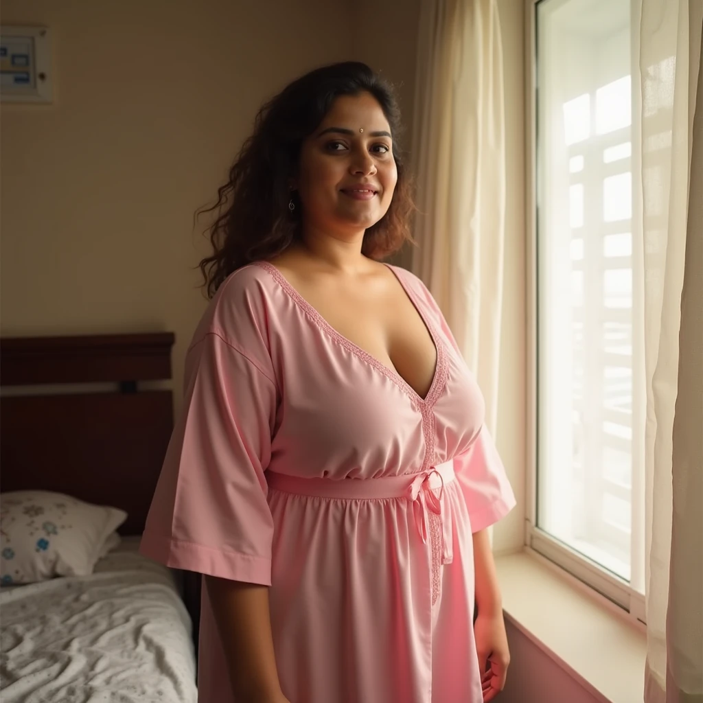 Big ass chubby hijab asian woman with glasses bend over on her bed, her head on the pillow, view from her back, panty lines vividly visible in her thin long skirt, she looking back at you with lust