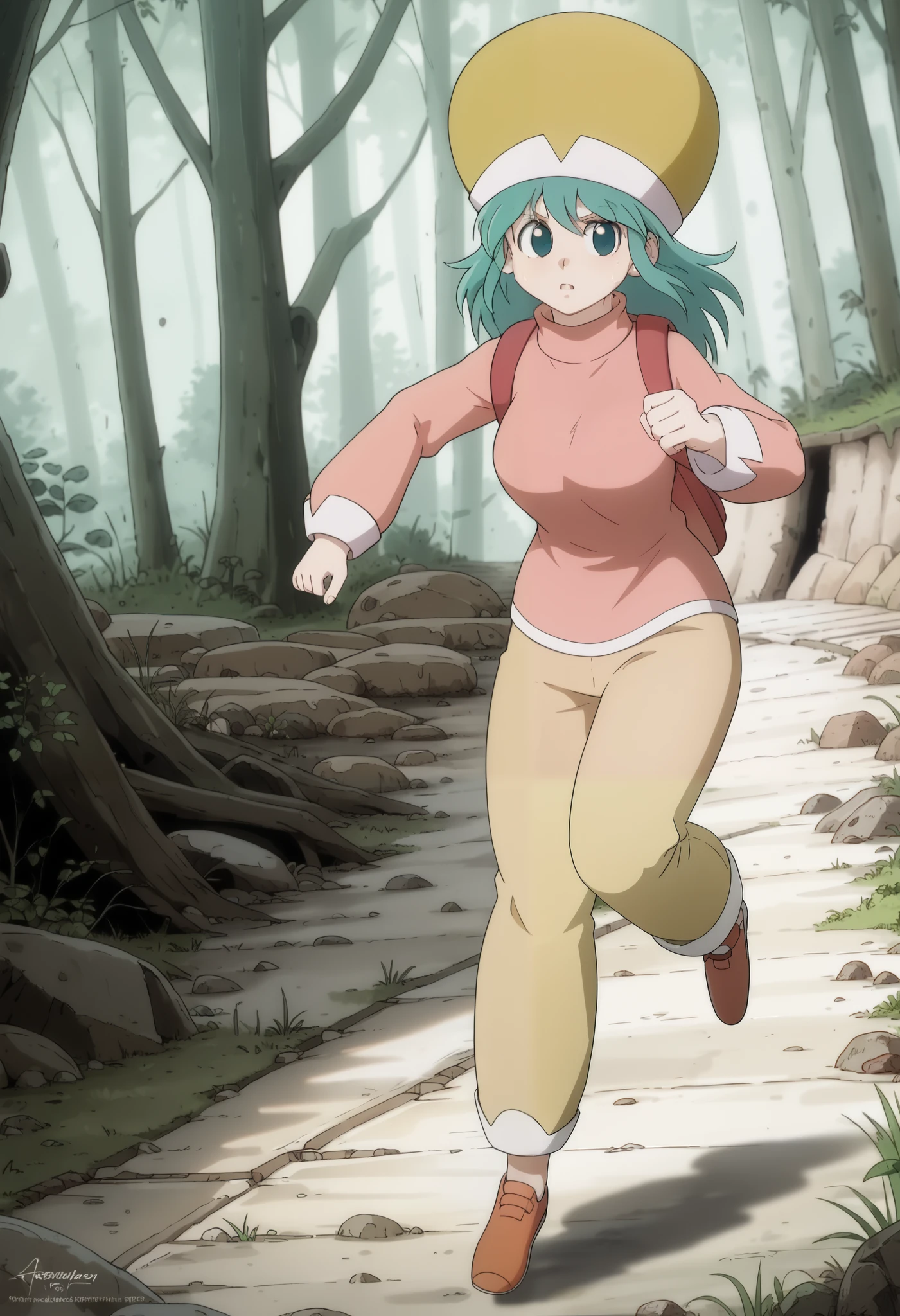 ponzu, hat, light blue hair, light blue eyes, solo, score_9, (ultra nude breasts:1.2, ultra huge tits:1.2, ultra huge cleavages:1.2, ultra huge boobs:1.2), long sleeve pink shirt, red long pants, backpack, shoes, in deep forest, trees, grasses, rocks, solid floor, solid ground, dark atmosphere, dark interior, besides, exterior abandoned concrete wall house, old, shabby messy, sweat face, (((((running, run away action:1.3, escape motion:1.3))))), side angle, side view, (look front, look at viewer:1.1), 