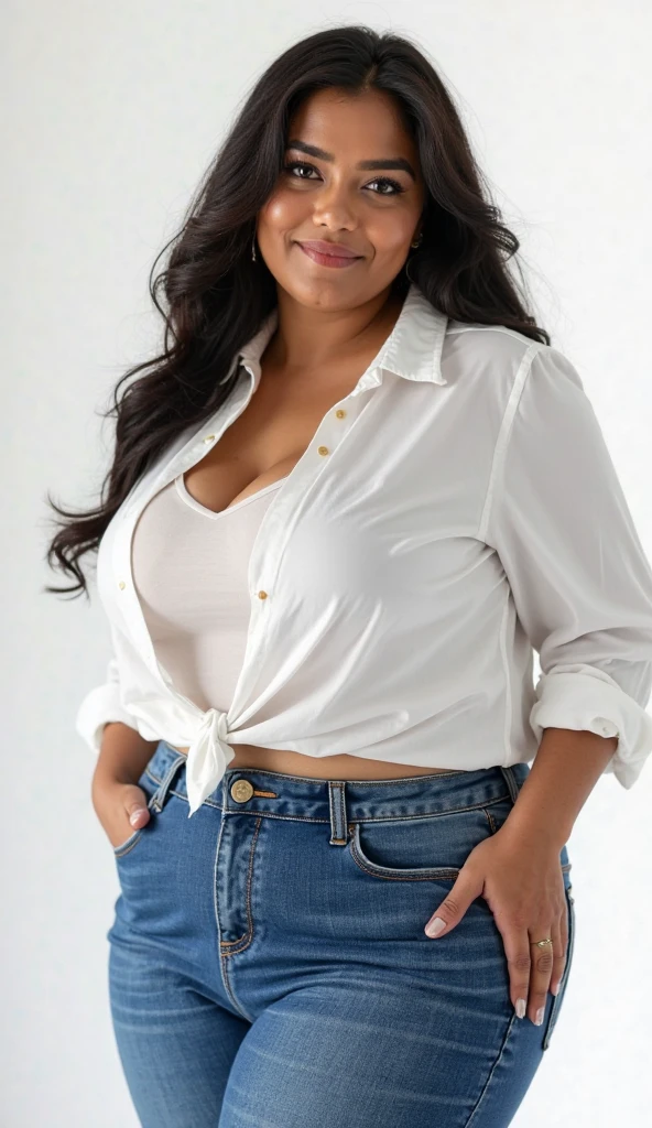 ((best quality)), ((masterpiece)), (detailed), beautifull girl(curvy body) wearing a white blouse and jeans, full body, 4k image quality sharp fokus