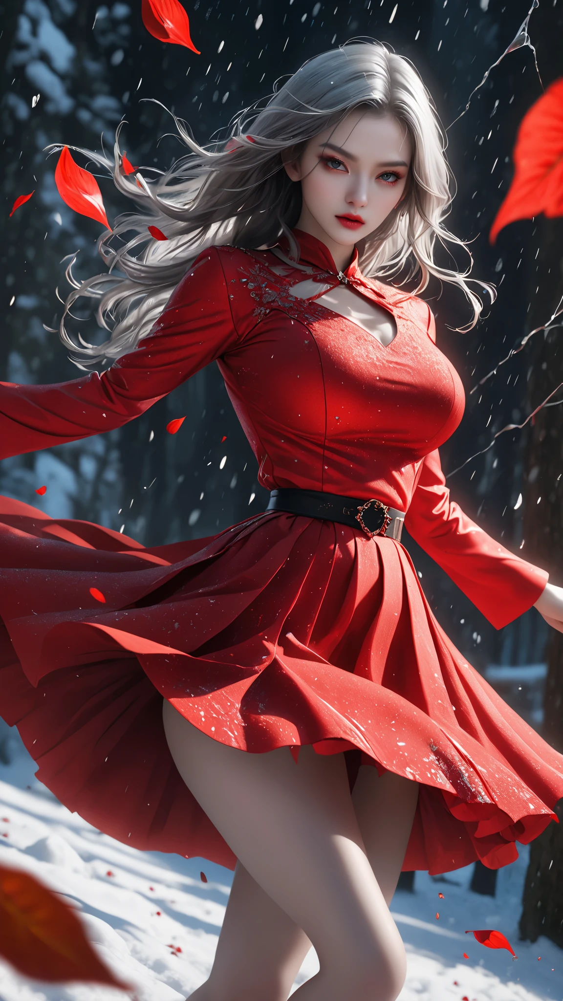 woman、Snow Woman in Red Dress, blood petals,ray tracing getting creampied, masterpiece, masterpiece, ultimate、top quality , Ultra High Quality ,live-action 、Gray Hair、 irrational detail , best light, best shadow, sharp, sharp image,details, extremely details, high resolution, 16k, 超high resolution,real rendering、 Lightning Particle Effects , beautiful effects, bright color , neon light, neon, light, close-up、 Long Sleeve、 super huge breasts :1.5 、Extra thin waist :1.5、 Super Realistic Textured Face and Skin、photorealistic、Original photo、wacky outfits、 horror、dynamic motion:1.2、beautiful symmetrical face、Realistic 3D CGI 、Real Digital Art 、I'm masturbating for four 、 Ultra Realistic Faces:1.2、Diagonal view、Skirt:1.2、Luxurious Outfits、、Hold out、 attack pose 、Freedom of the Face:1.8、 offensive posture、Attack Stance、Under attack、Put one hand in front of you for a magical attack、