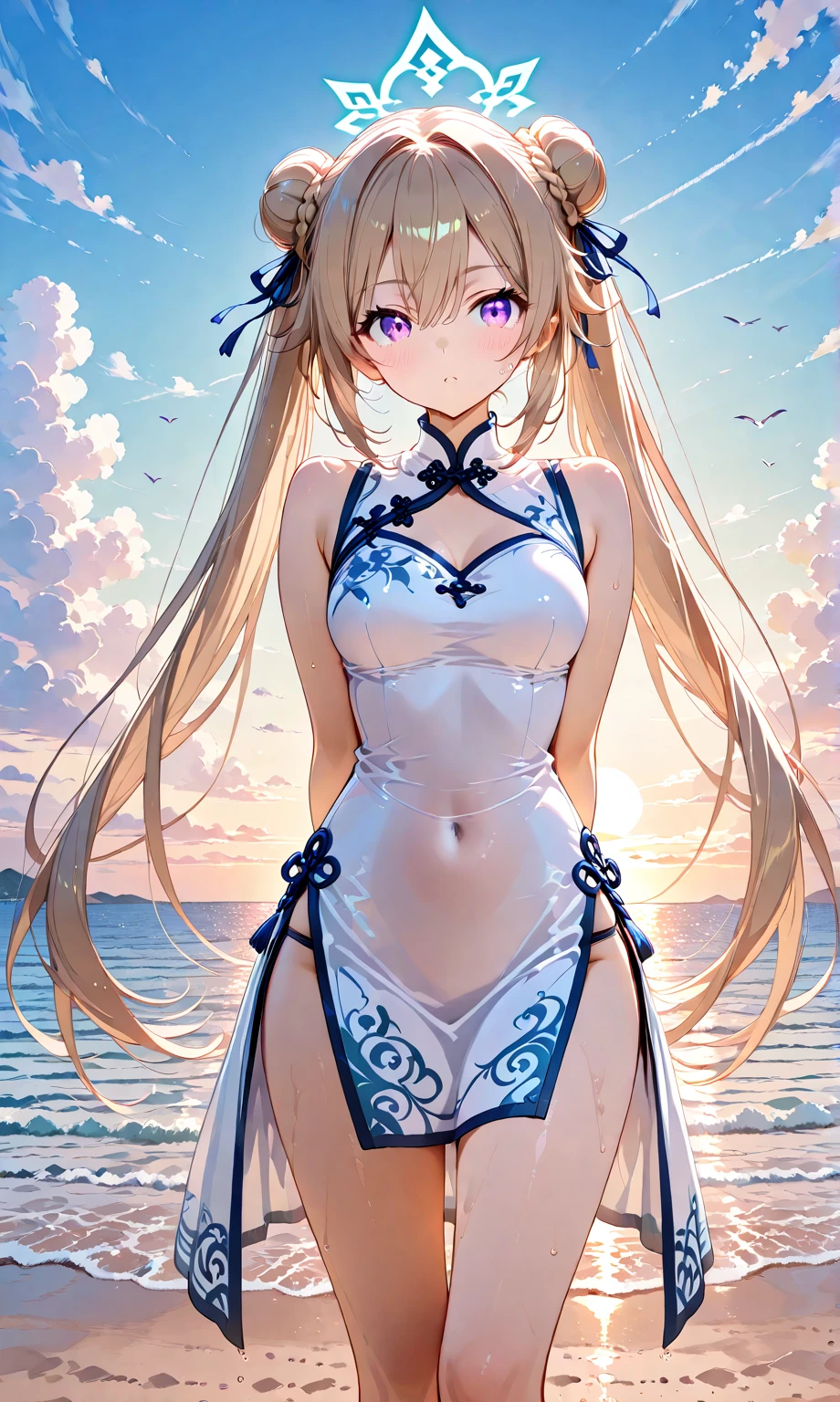 (((best quality))), ((ultra-detailed)), ((an extremely delicate and beautiful)), ((16k)), realistic, hd, cgi, gleaming hair, gleaming skin, gleaming dress, Character focus, solo, demanding pose, strong light coming in, sharp focus, illustration, game cg, anime, solo, curvy, (big breasts:1.3), forehead, ( white bright yellow lining Chinese Lace Up Cheongsam Open Chest Bodycon Dress High Slit Qipao mini), faste collarbone, (belly:0.9), standing, leaning forward, looking at the viewer, ocean, flower hair ornament, accessories, backlighting, shiny skin, shiny body, chibi, gloves, necklace, jewellery, black-brown hair, bead necklace, red faded into black colored hair, brown eyes, long hair, black bunny ears, yellow ombre hair, yellow-black hair, more yellow hair streaks, smaller dress, bare feet stretching at viewer, toes out at viewer, stepping on viewer, mommy goddess, hands towards viewer